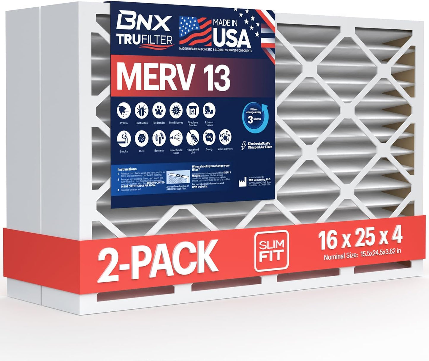 BNX TruFilter 20x20x1 MERV 13 (4-Pack) AC Furnace Air Filter - MADE IN USA - Electrostatic Pleated Air Conditioner HVAC AC Furnace Filters - Removes Pollen, Mold, Bacteria, Smoke