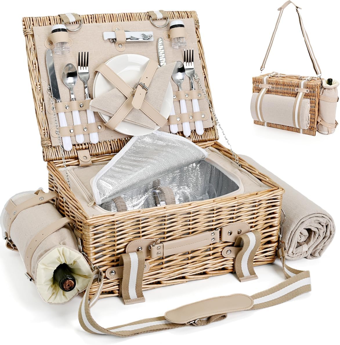 31Pcs Picnic Basket Set for 4 with Insulated Liner and Waterproof Blanket Wine Pouch, Large Wicker Picnic Hamper for Camping,Outdoor,Valentine Birthday Christmas for Couples