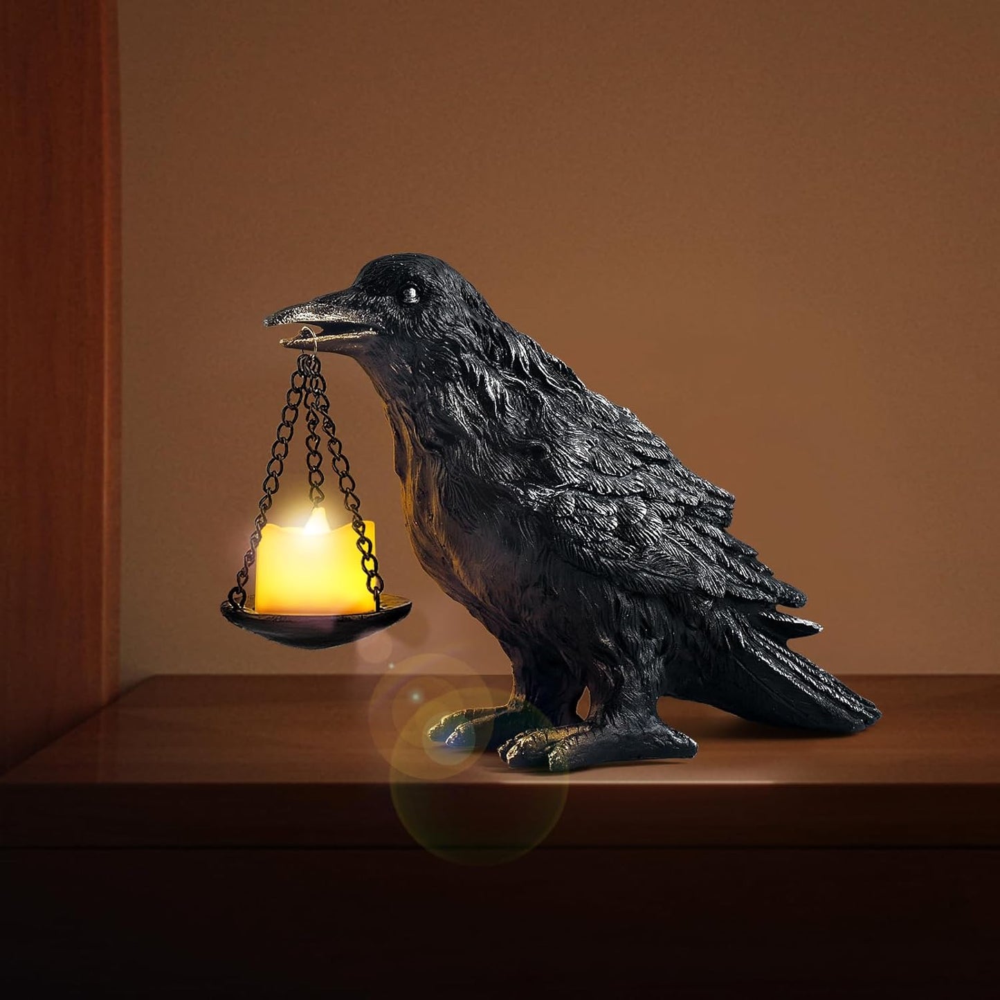 Gothic Crow Lamp with Tealight Candle Holder Resin Raven Decor Statue Gothic Home Decor for Bedroom Unique Goth Gifts Black