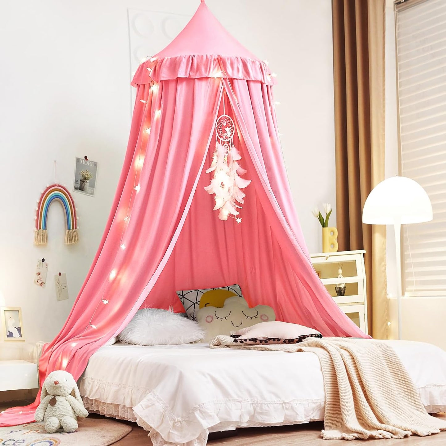 Kertnic Decor Canopy for Kids Bed, Soft Smooth Playing Tent Canopy Girls Room Decoration Princess Castle, Dreamy Mosquito Net Bedding, Children Reading Nook Canopies in Home (Pink-Ruffle)