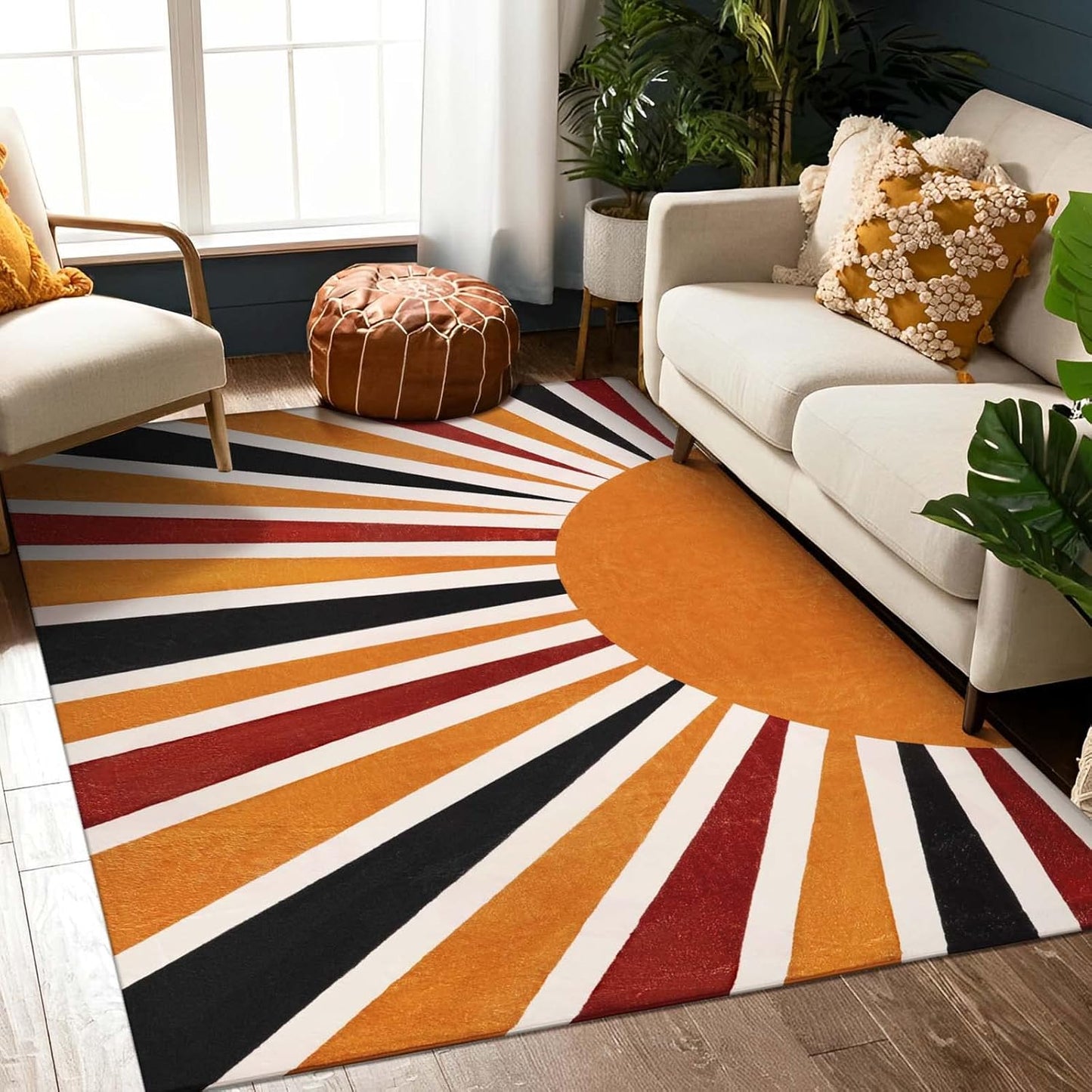 Lahome Boho Round Rugs - 4Ft Washable Non-Slip Small Round Area Rug Throw Soft Sofa Kids Nursery Room Rug Rainbow Sun Print Distressed Round Carpet for Bedroom Entryway Living Room Dining Room