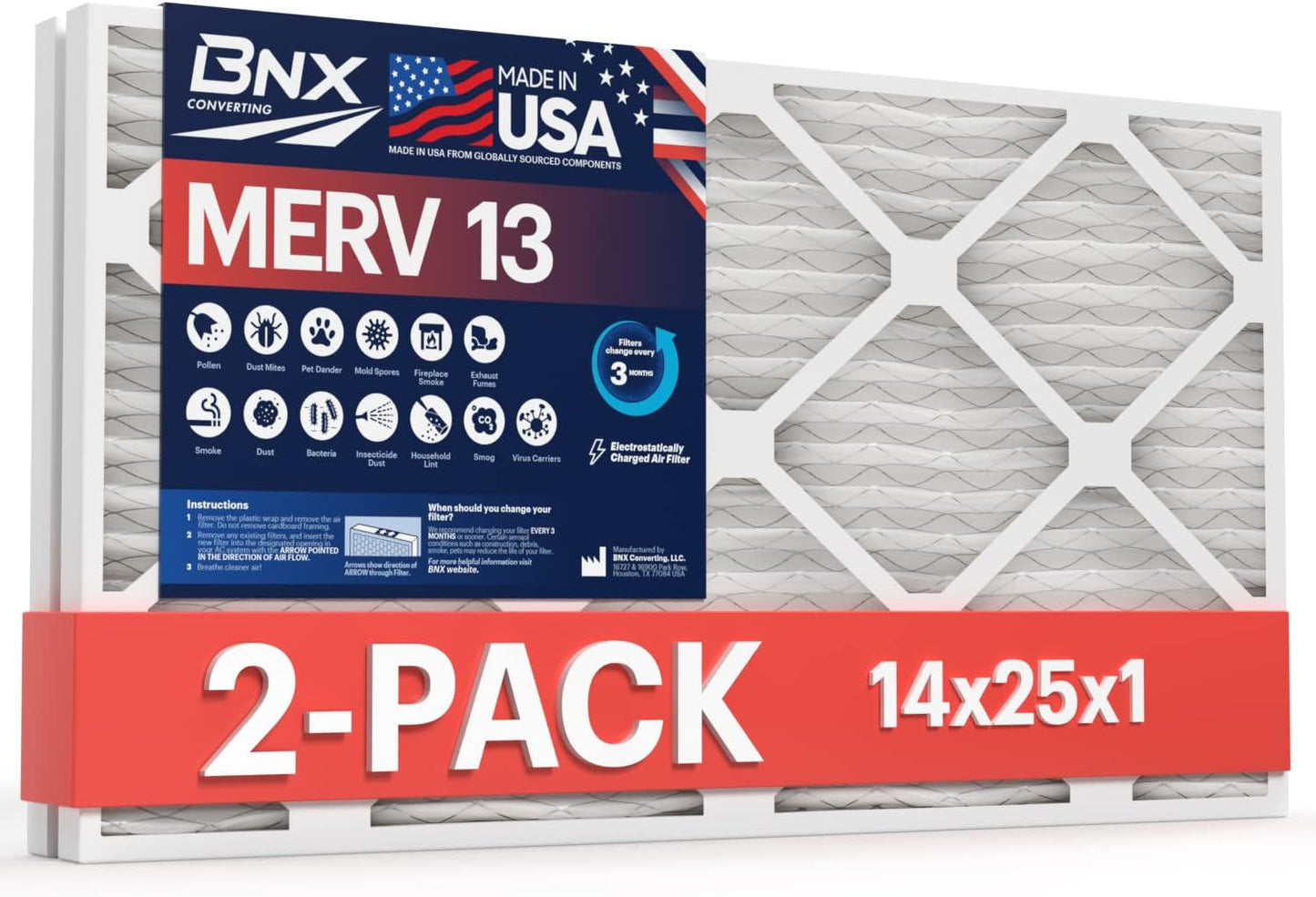 BNX TruFilter 20x20x1 MERV 13 (4-Pack) AC Furnace Air Filter - MADE IN USA - Electrostatic Pleated Air Conditioner HVAC AC Furnace Filters - Removes Pollen, Mold, Bacteria, Smoke