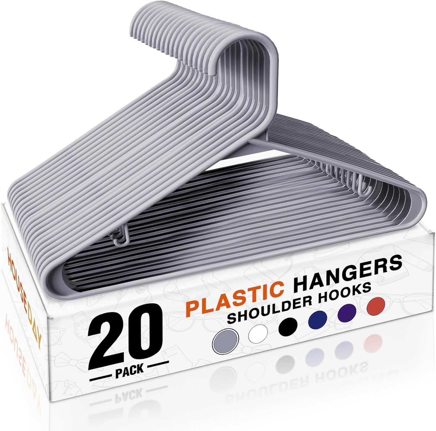 HOUSE DAY White Plastic Hangers 50 Pack, Plastic Clothes Hangers with Built-in Hooks, Durable and Strong Plastic Coat Hangers for Closet, Space Saving Clothing Hanger for Shirts, Coats, Skirt, Dress