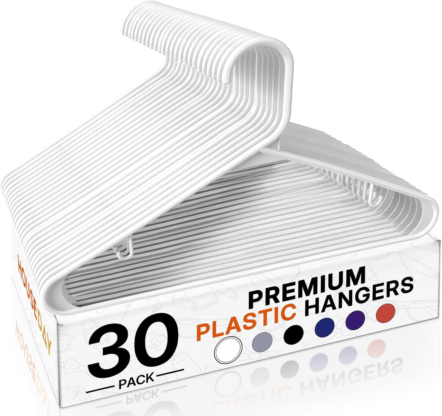 HOUSE DAY White Plastic Hangers 50 Pack, Plastic Clothes Hangers with Built-in Hooks, Durable and Strong Plastic Coat Hangers for Closet, Space Saving Clothing Hanger for Shirts, Coats, Skirt, Dress