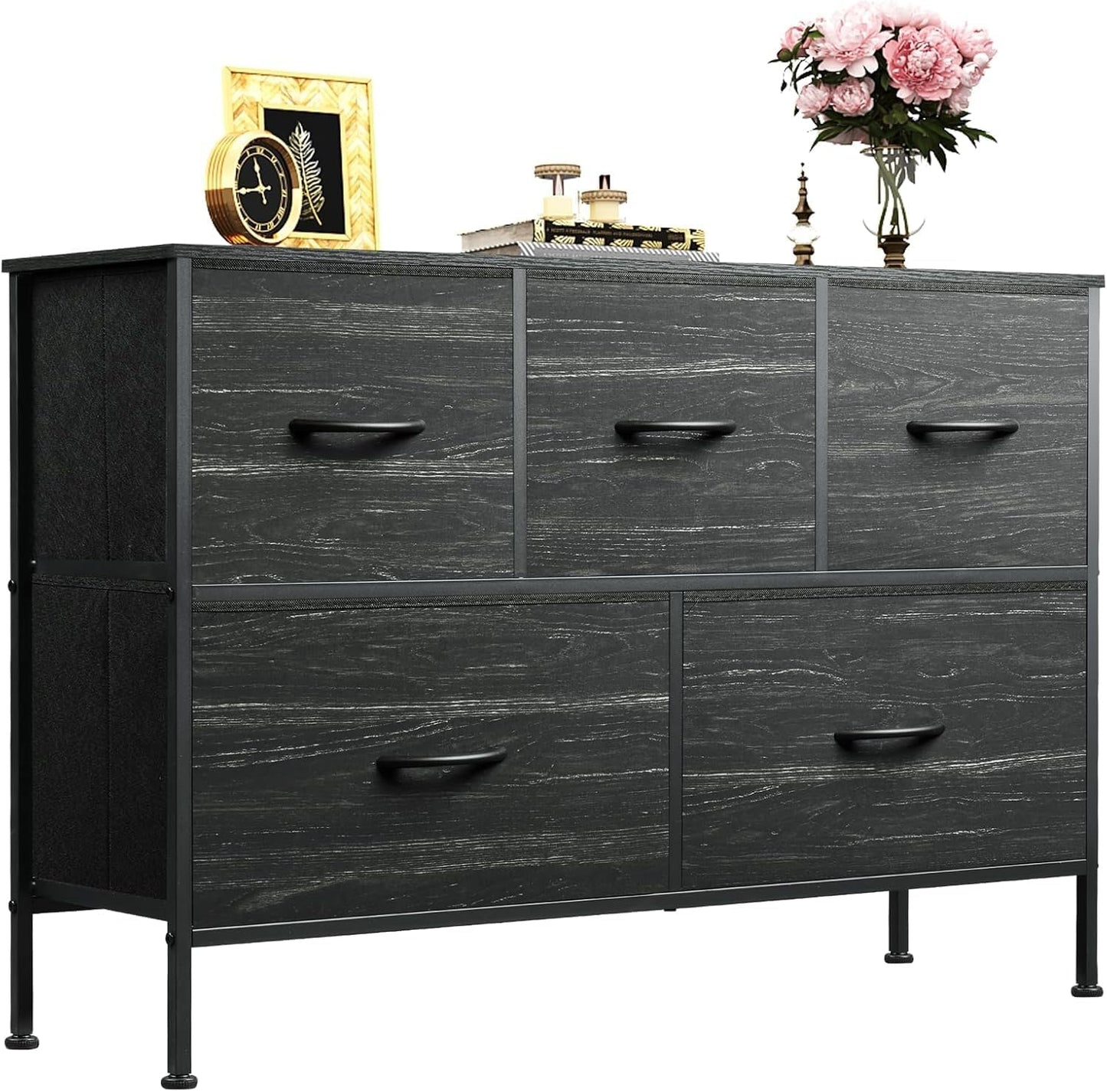 WLIVE Dresser for Bedroom with 5 Drawers, Wide Chest of Drawers, Fabric Dresser, Storage Organizer Unit with Fabric Bins for Closet, Living Room, Hallway, Dark Grey
