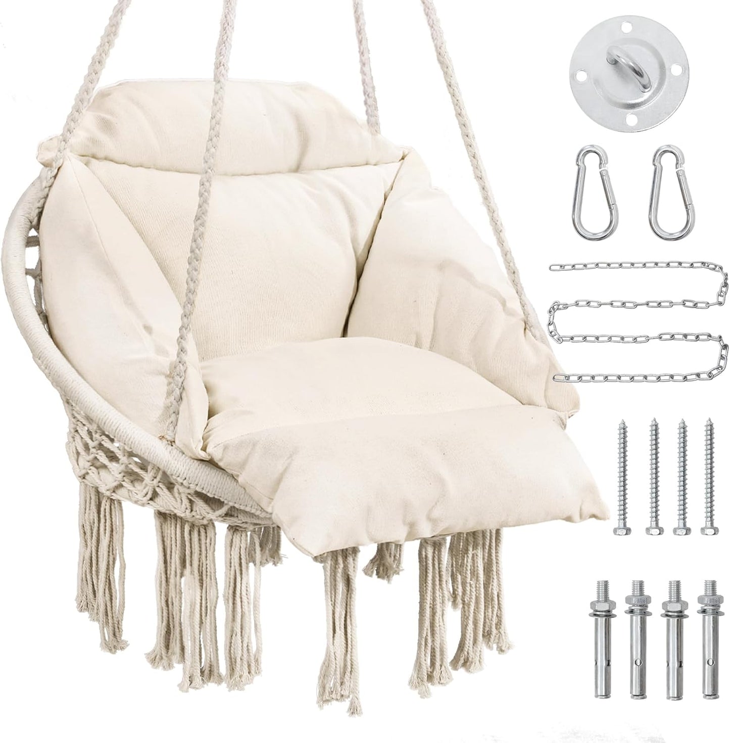 KROFEM Macrame Hammock Hanging Swinging Chair with Medium Cushion, Perfect for Bedroom, Porch, Adults, Balcony, Beige