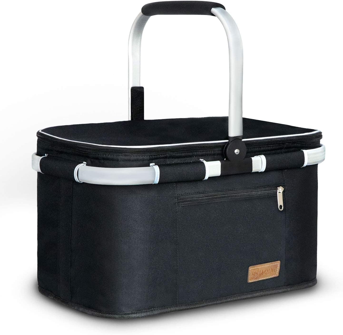 LIQING 35L Large Picnic Basket 2 Layers of Internal Pockets Leak-Proof and Insulated ，Folding with Internal Support for enhansed Stability, Wedding Gifts for Couple(Grey)