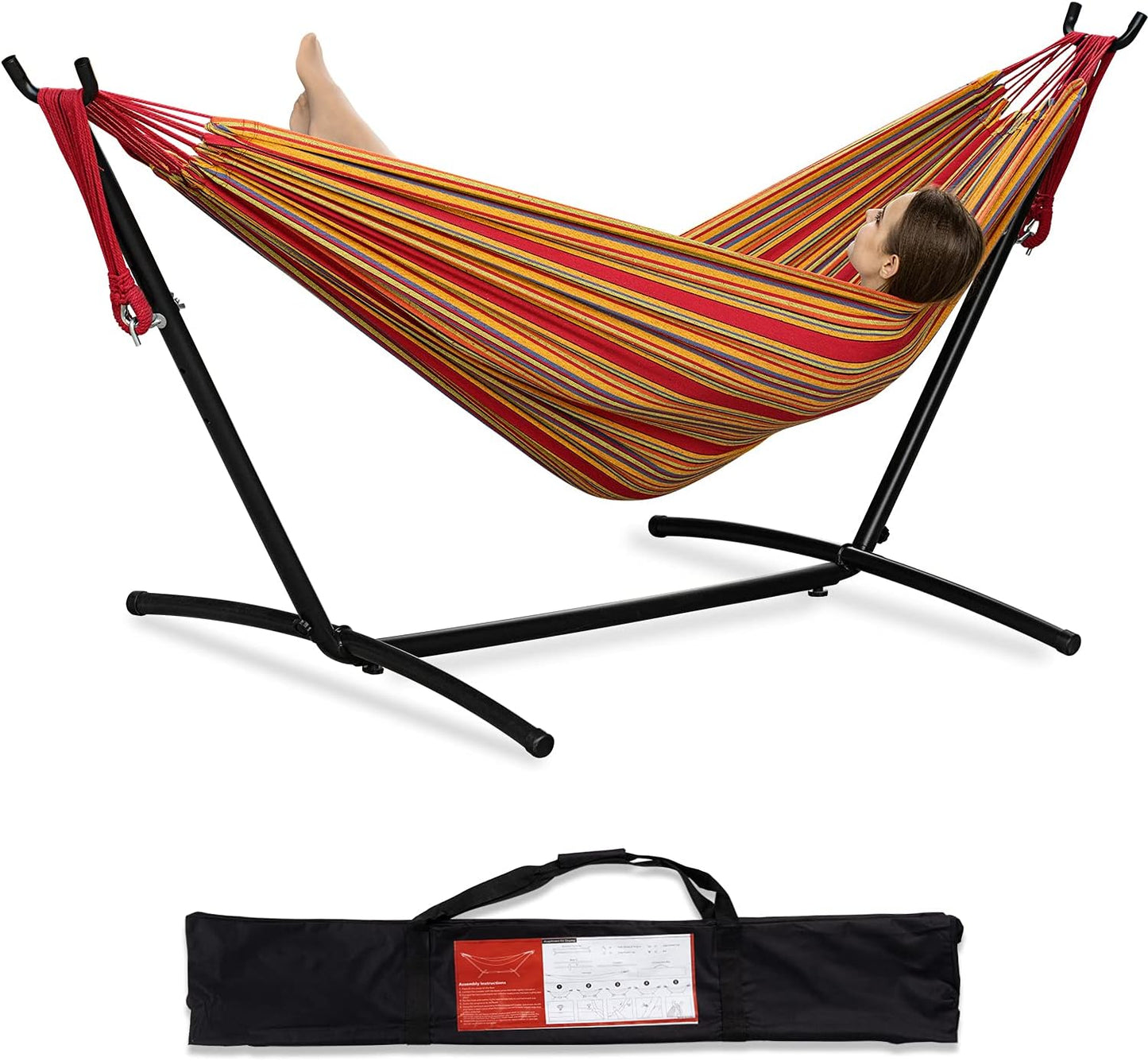 PNAEUT Double Hammocks with Stand for Outside, Portable Space Saving Heavy-Duty Steel Frame for Indoor Outdoor Patio Yard, Easy Assembly, 2 Person 450 lbs Capacity (Coffee)
