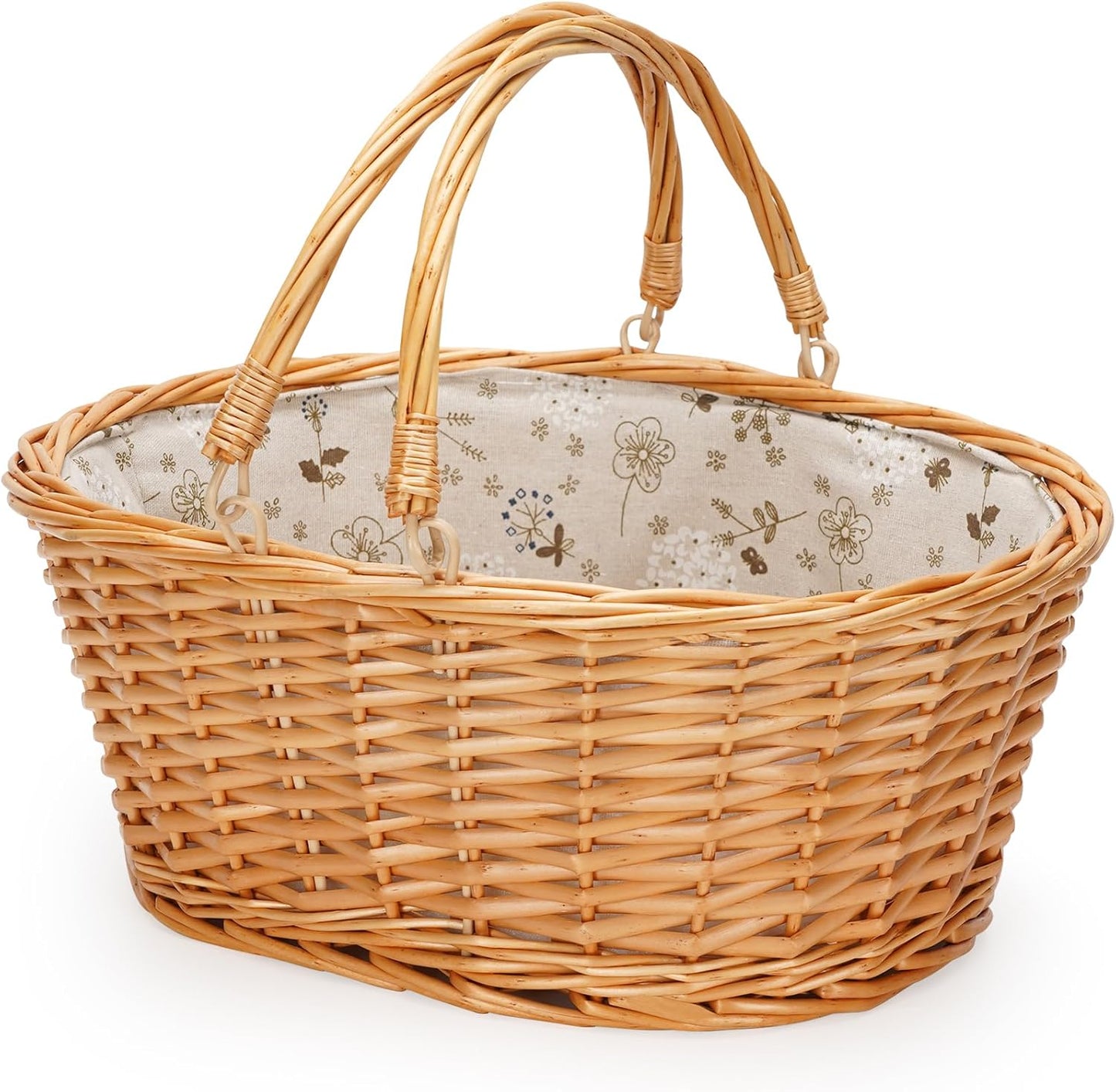 Wicker Picnic Basket with Double Folding Handles, Natural Large Willow Hamper Empty Basket Cheap Easter Eggs Candy Storage Wine Basket for Toy, Flower, Wedding（Grey 16inch）