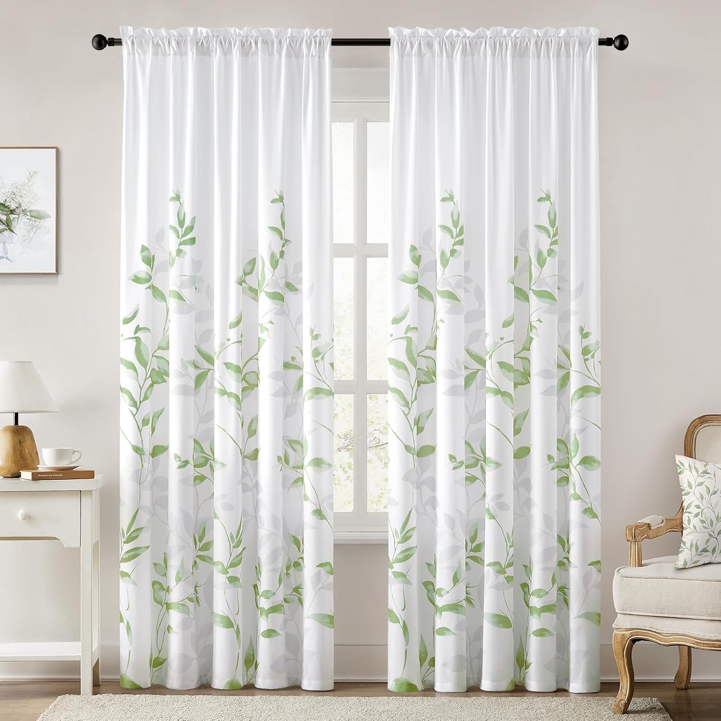 HOMEIDEAS Non-See-Through Pink and White Privacy Sheer Curtains 52 X 63 Inch Length 2 Panels, Leaf Floral Printed Light Filtering Semi Sheer Window Curtains Drapes for Bedroom Living Room