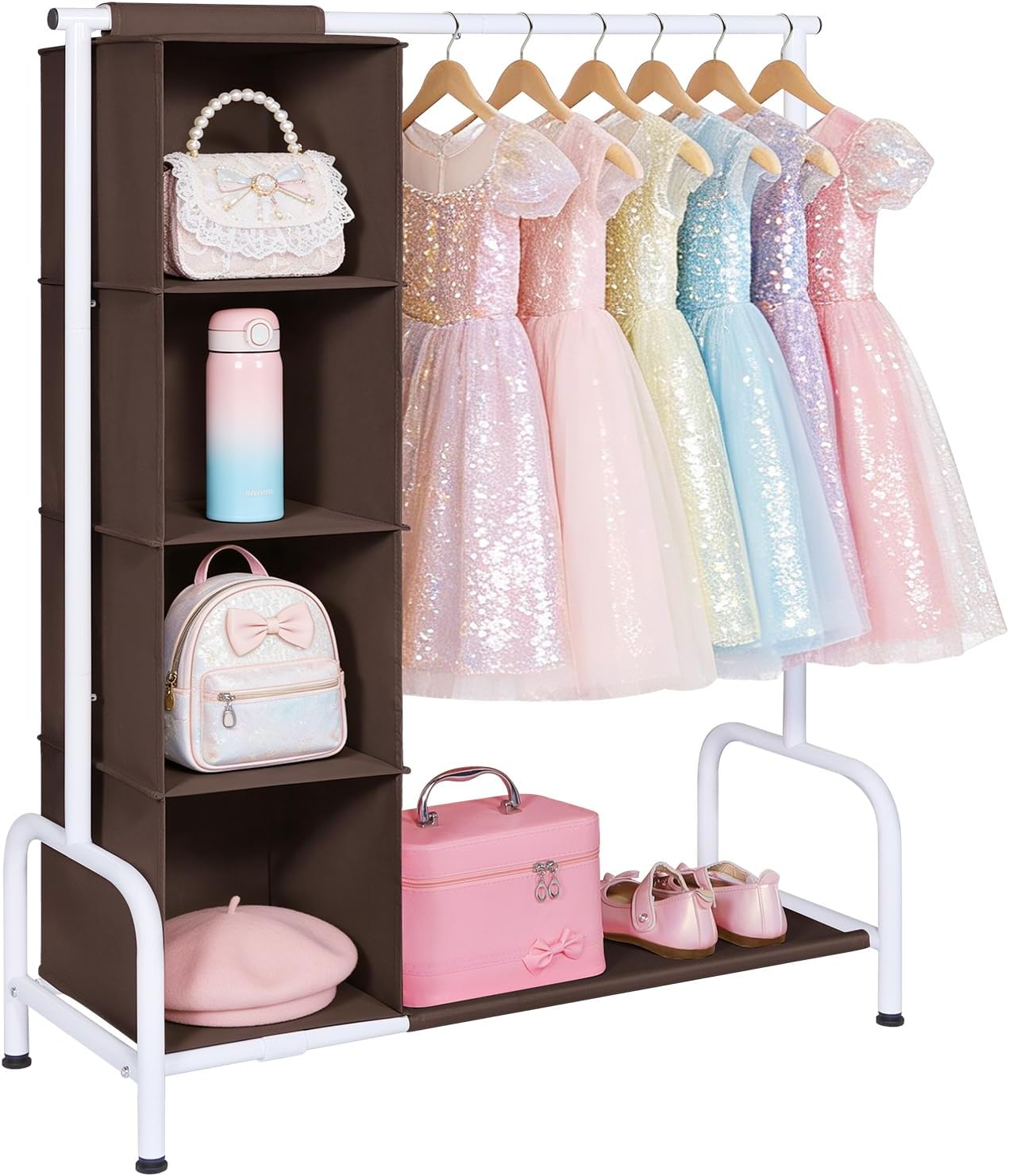 Univivi 43" Tall Kids Clothing Rack, Toddler Dress Up Storage with Hanging Organizer – Sturdy Metal Baby Closet, Space-Saving for Nursery & Bedroom, Pink/White
