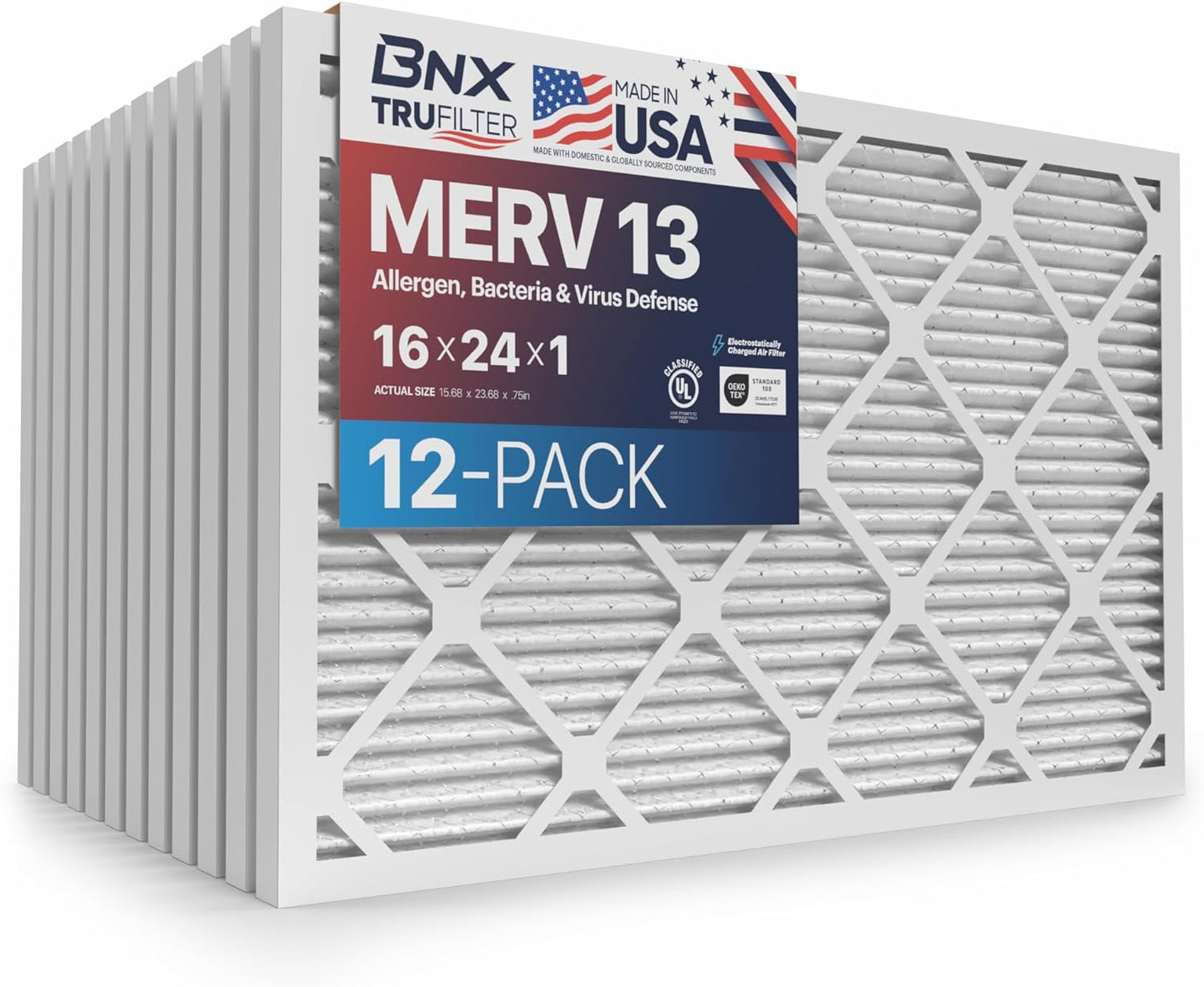 BNX TruFilter 20x20x1 MERV 13 (4-Pack) AC Furnace Air Filter - MADE IN USA - Electrostatic Pleated Air Conditioner HVAC AC Furnace Filters - Removes Pollen, Mold, Bacteria, Smoke