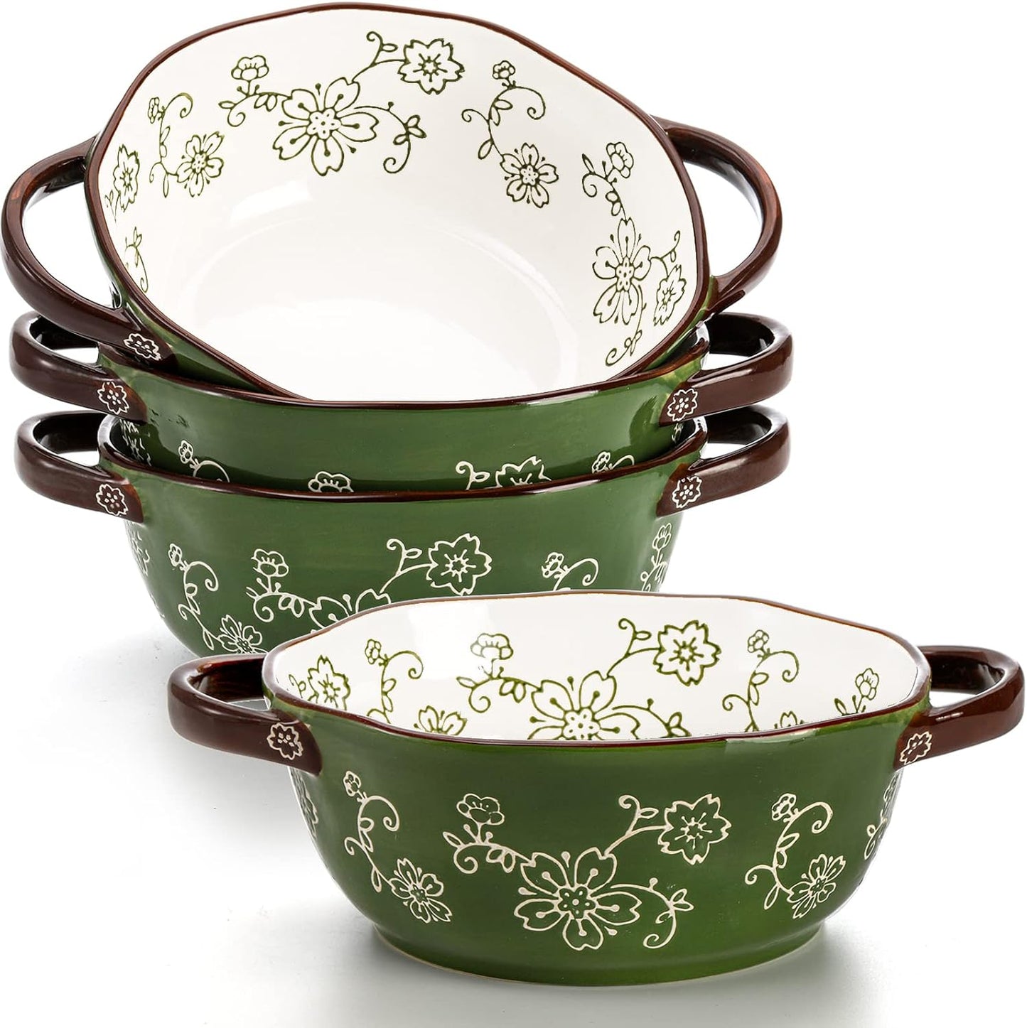 AVLA 4 Pack Ceramic Soup Bowls, 22 Ounces Porcelain Serving Bowl Set with Doundle Handle, Large Ceramic Crocks for French Onion Soup, Stew, Pasta, Cereal, Pot Pies (Red)