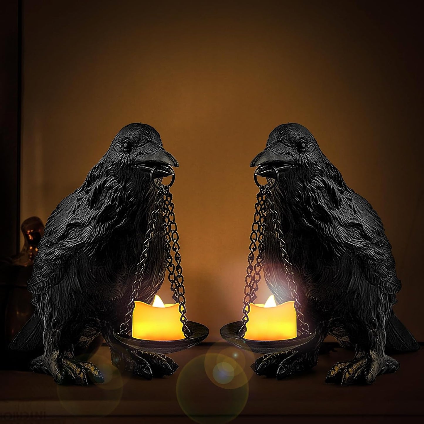 Gothic Crow Lamp with Tealight Candle Holder Resin Raven Decor Statue Gothic Home Decor for Bedroom Unique Goth Gifts Black