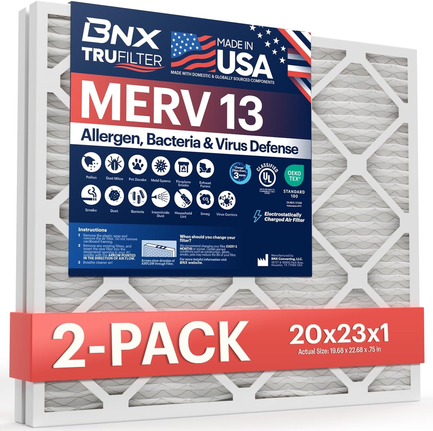 BNX TruFilter 20x20x1 MERV 13 (4-Pack) AC Furnace Air Filter - MADE IN USA - Electrostatic Pleated Air Conditioner HVAC AC Furnace Filters - Removes Pollen, Mold, Bacteria, Smoke