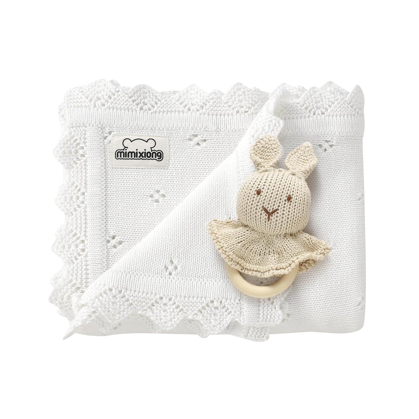 mimixiong Cotton Baby Blanket Knitted Crochet Receiving Crib Nursery Swaddling Blankets for Newborn Baby Boy Girl 30x40 Inch (Oatmeal)