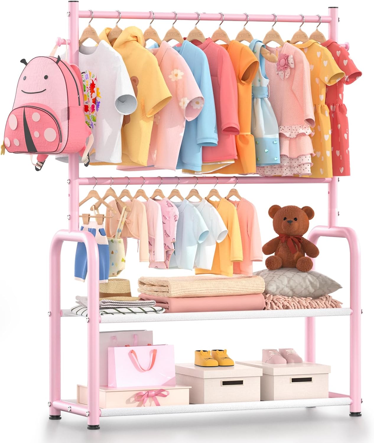 Kids Clothing Rack with 2-Layer Storage Shelf and 2 Adjustable Hanging Rods, Dress Up Rack for Hanging Clothes,Dress up Storage for Baby Toddle Kids(Classic, Pink)