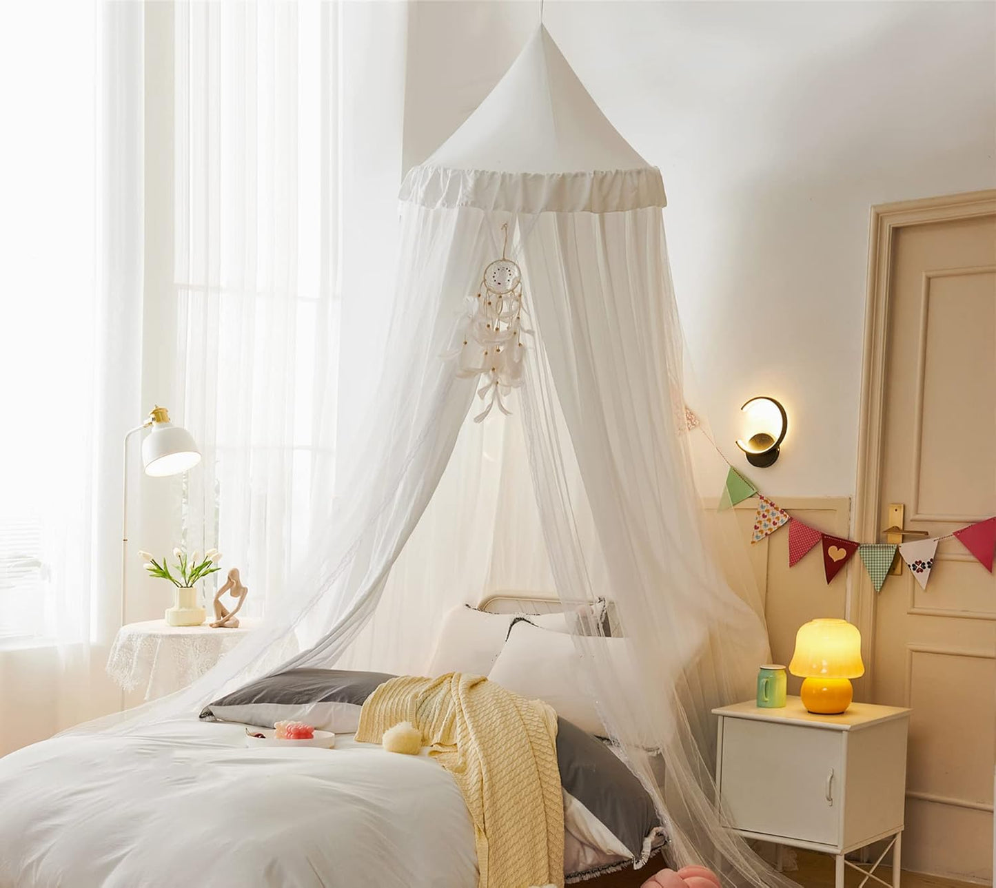 VETHIN Bed Canopy for Girls,Princess Round Dome Dreamy Mosquito Net Bedding Girls Room Castle Play Tent Hanging House Decor Reading Nook Canopies (JujubeRed)