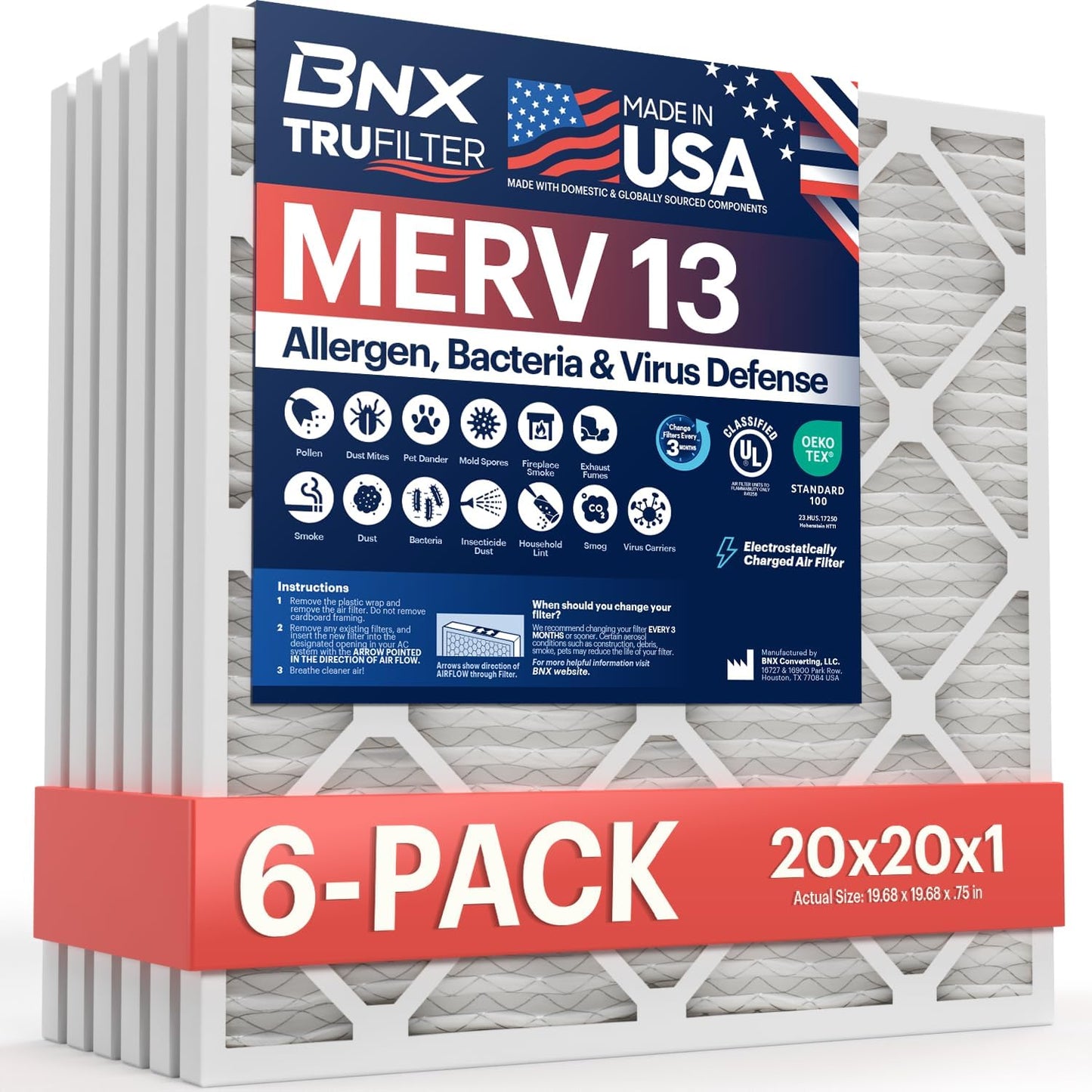 BNX TruFilter 20x20x1 MERV 13 (4-Pack) AC Furnace Air Filter - MADE IN USA - Electrostatic Pleated Air Conditioner HVAC AC Furnace Filters - Removes Pollen, Mold, Bacteria, Smoke