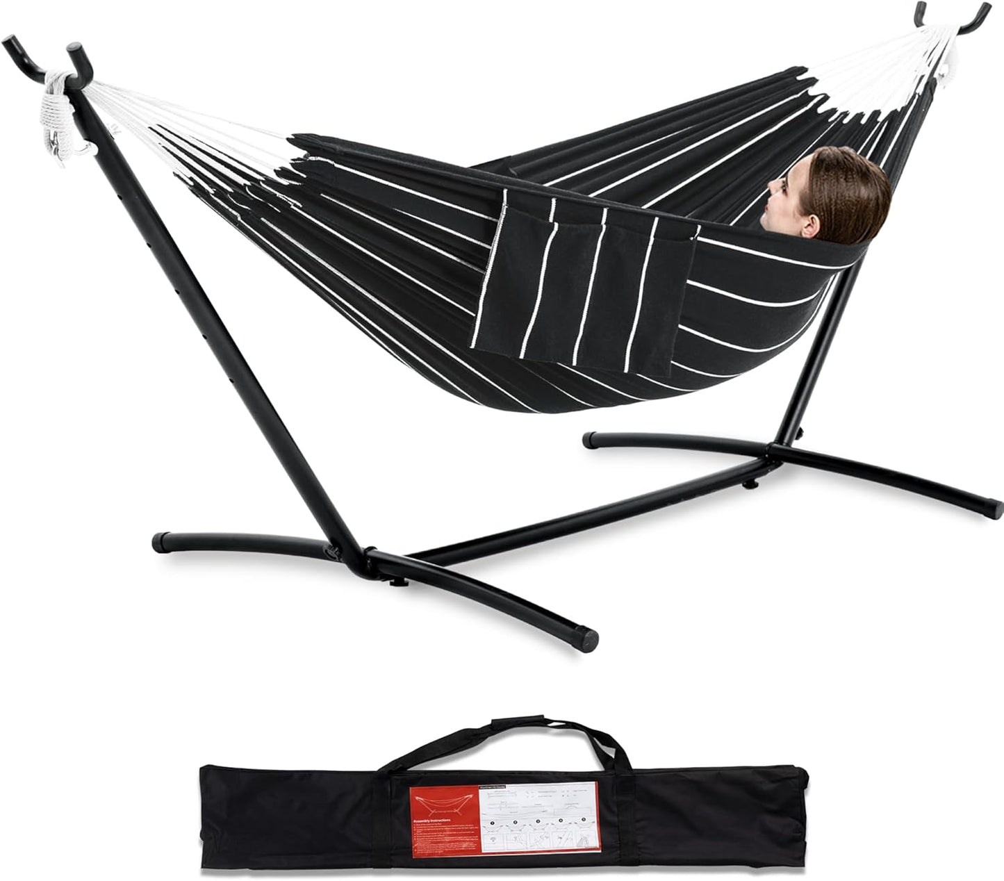 PNAEUT Double Hammocks with Stand for Outside, Portable Space Saving Heavy-Duty Steel Frame for Indoor Outdoor Patio Yard, Easy Assembly, 2 Person 450 lbs Capacity (Coffee)