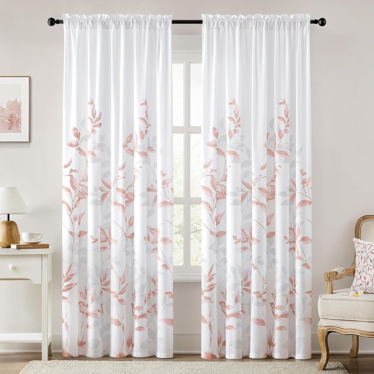 HOMEIDEAS Non-See-Through Pink and White Privacy Sheer Curtains 52 X 63 Inch Length 2 Panels, Leaf Floral Printed Light Filtering Semi Sheer Window Curtains Drapes for Bedroom Living Room