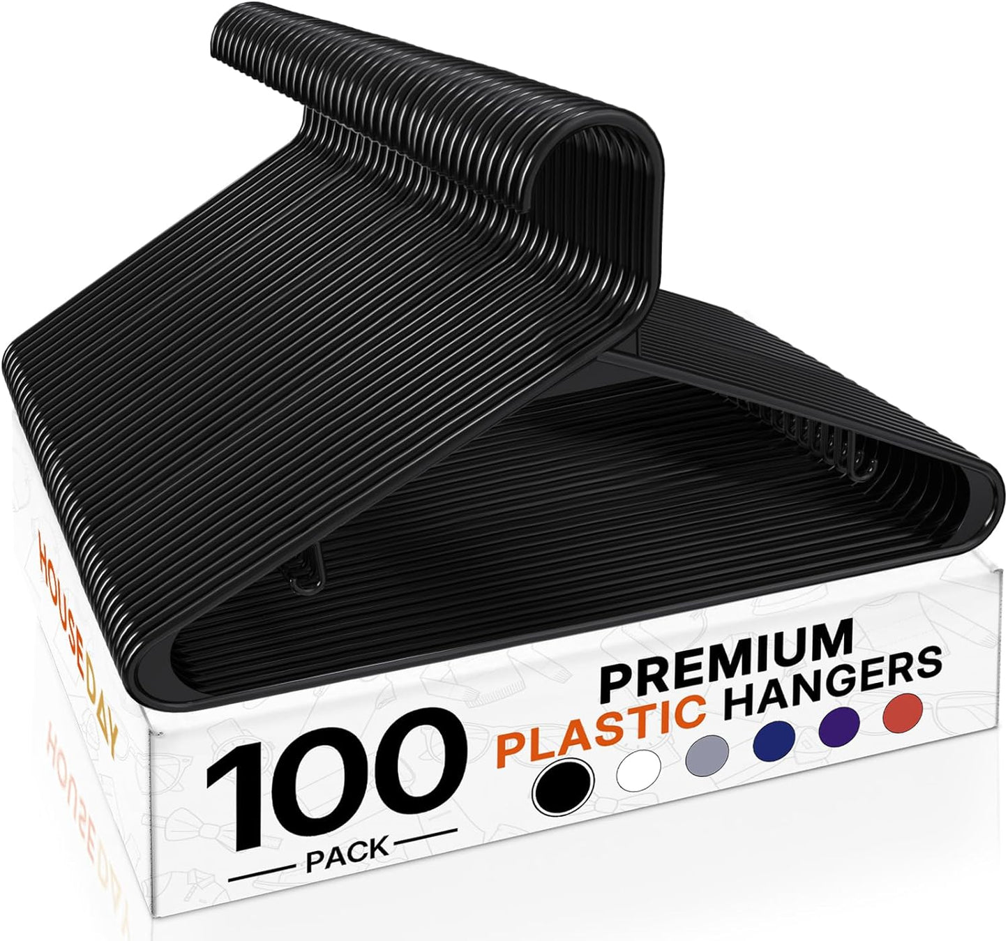 HOUSE DAY White Plastic Hangers 50 Pack, Plastic Clothes Hangers with Built-in Hooks, Durable and Strong Plastic Coat Hangers for Closet, Space Saving Clothing Hanger for Shirts, Coats, Skirt, Dress