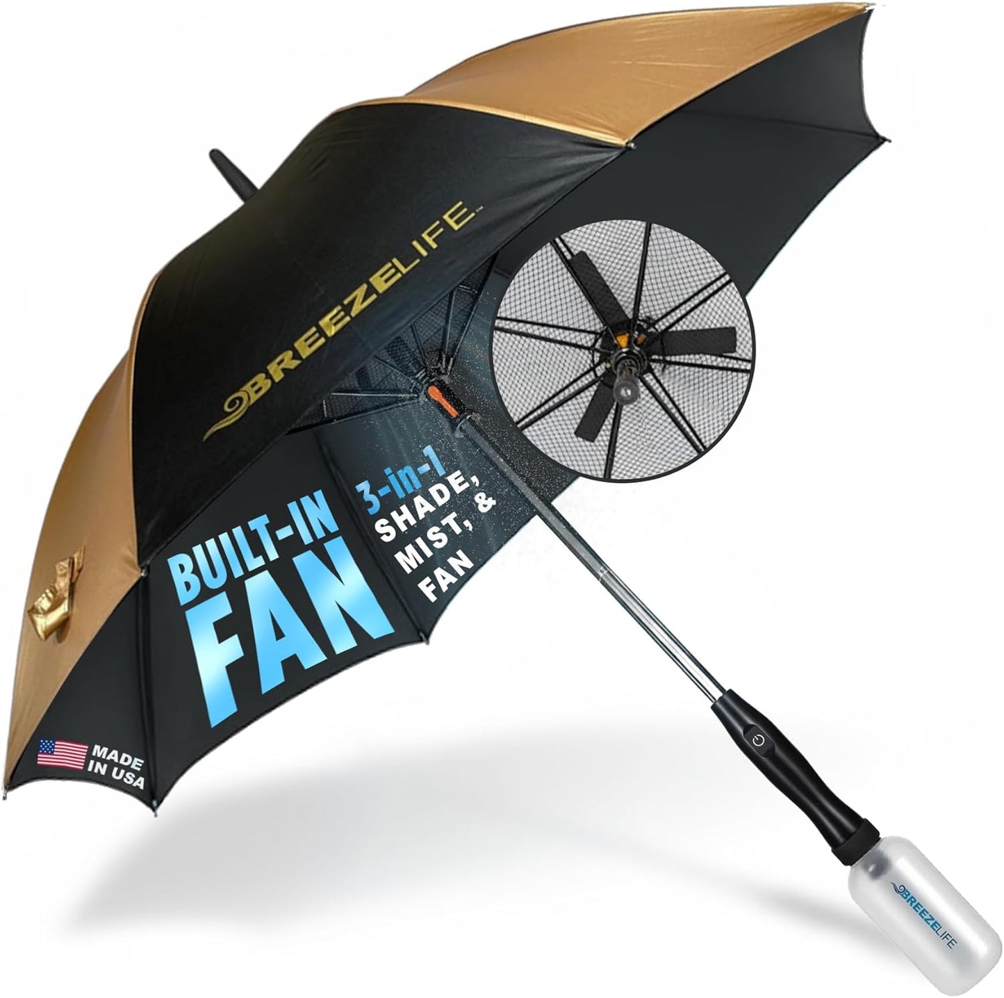 Breeze Life Original Mister Breeze (Silver Design) – Sun Umbrella with Fan and Mist Spray – Portable Fan Umbrella with Mister, 41" UV Shade, 3–4 Hr Runtime – Ideal for Festivals, Beach & Sports
