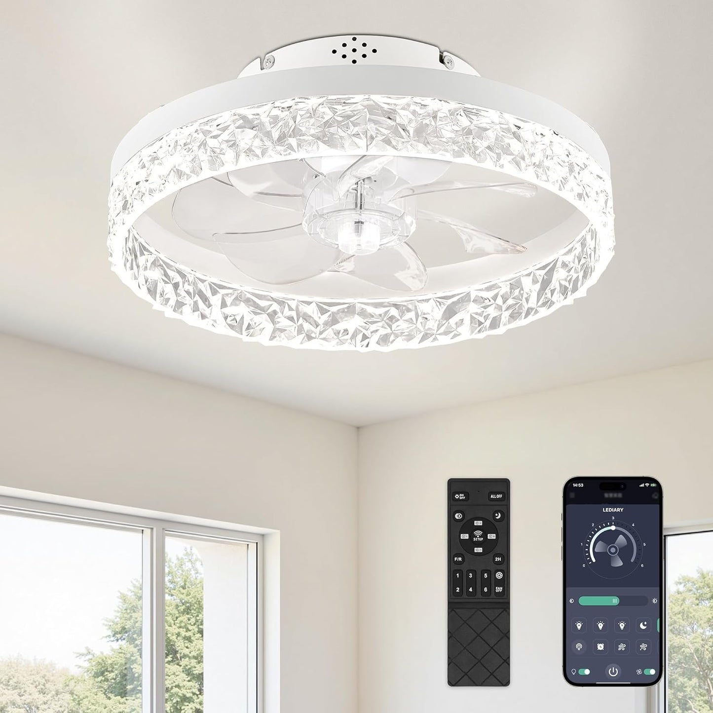 LEDIARY 20 Inch Low Profile Ceiling Fans with Lights and Remote, Fandelier Ceiling Fan Flush Mount, 3000K-6000K Dimmable LED Fan Light, White Modern Ceiling Fans with Lights for Bedroom