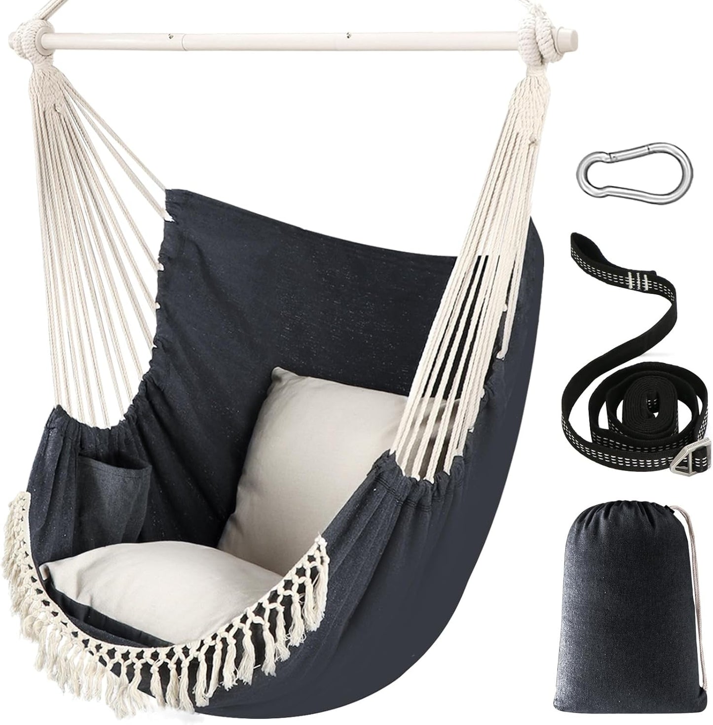 Chihee Hammock Chair Hanging Swing Max 500 Lbs 2 Cushions Included Steel Spreader Bar with Anti-Slip Grooves Portable Hanging Chair Side Pocket Large Macrame Bohemian Chair Indoor Outdoor