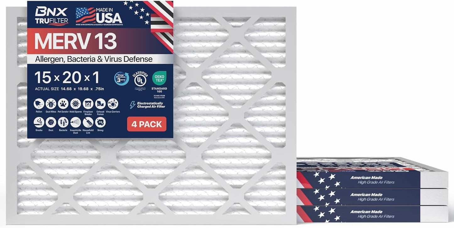 BNX TruFilter 20x20x1 MERV 13 (4-Pack) AC Furnace Air Filter - MADE IN USA - Electrostatic Pleated Air Conditioner HVAC AC Furnace Filters - Removes Pollen, Mold, Bacteria, Smoke