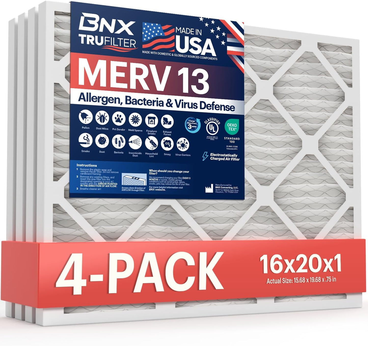 BNX TruFilter 20x20x1 MERV 13 (4-Pack) AC Furnace Air Filter - MADE IN USA - Electrostatic Pleated Air Conditioner HVAC AC Furnace Filters - Removes Pollen, Mold, Bacteria, Smoke