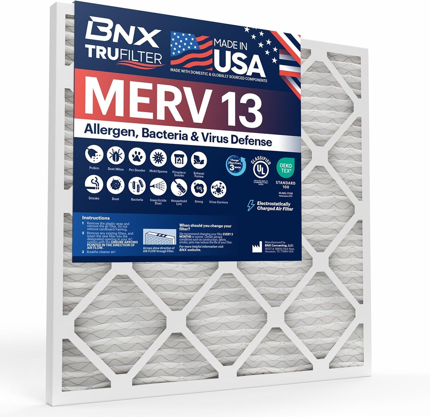 BNX TruFilter 20x20x1 MERV 13 (4-Pack) AC Furnace Air Filter - MADE IN USA - Electrostatic Pleated Air Conditioner HVAC AC Furnace Filters - Removes Pollen, Mold, Bacteria, Smoke