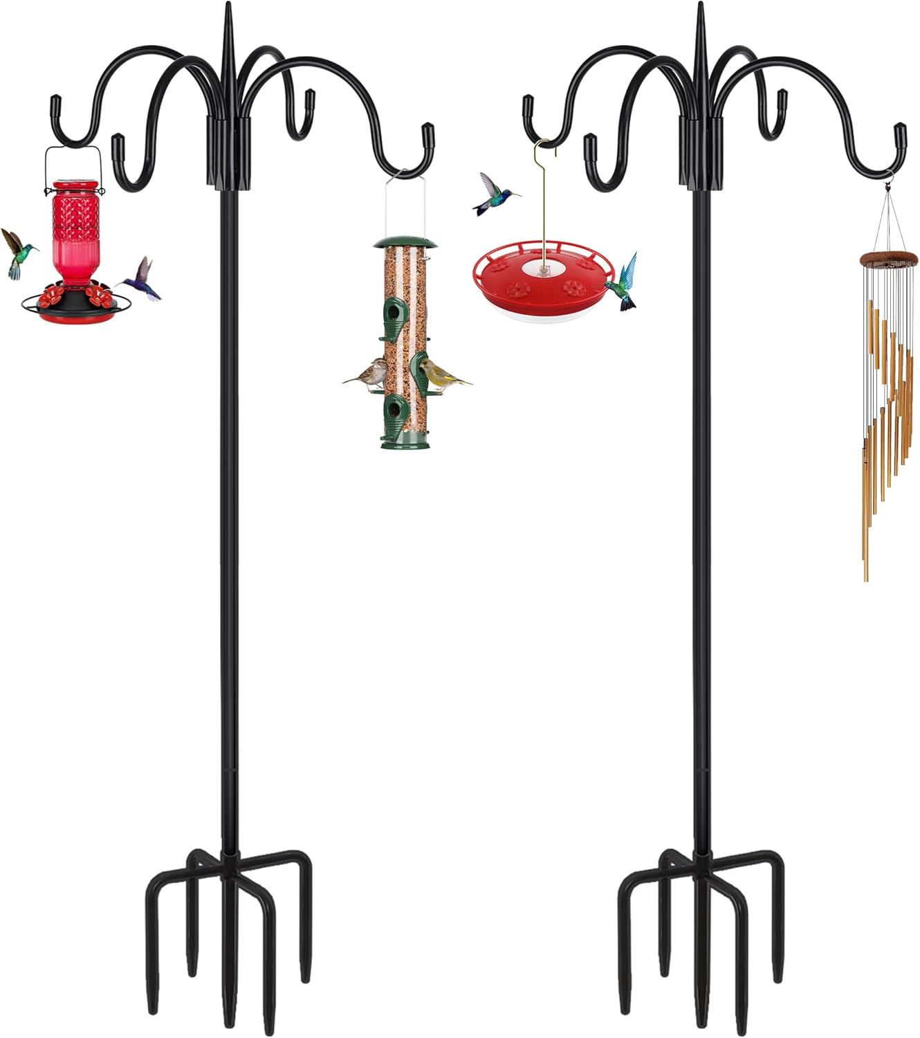 FEED GARDEN 4-Hook Squirrel-Proof Bird Feeder Pole - 92" Heavy-Duty Shepherd's Hook with 5-Prong Base & 19" Baffle for Multiple Feeders & Plants