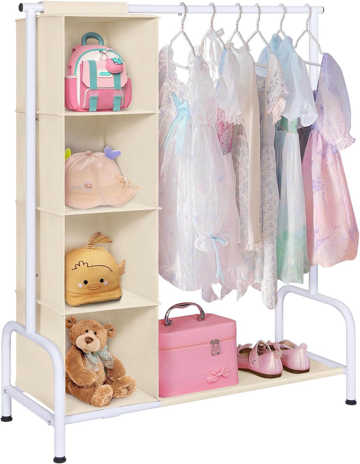 Univivi 43" Tall Kids Clothing Rack, Toddler Dress Up Storage with Hanging Organizer – Sturdy Metal Baby Closet, Space-Saving for Nursery & Bedroom, Pink/White