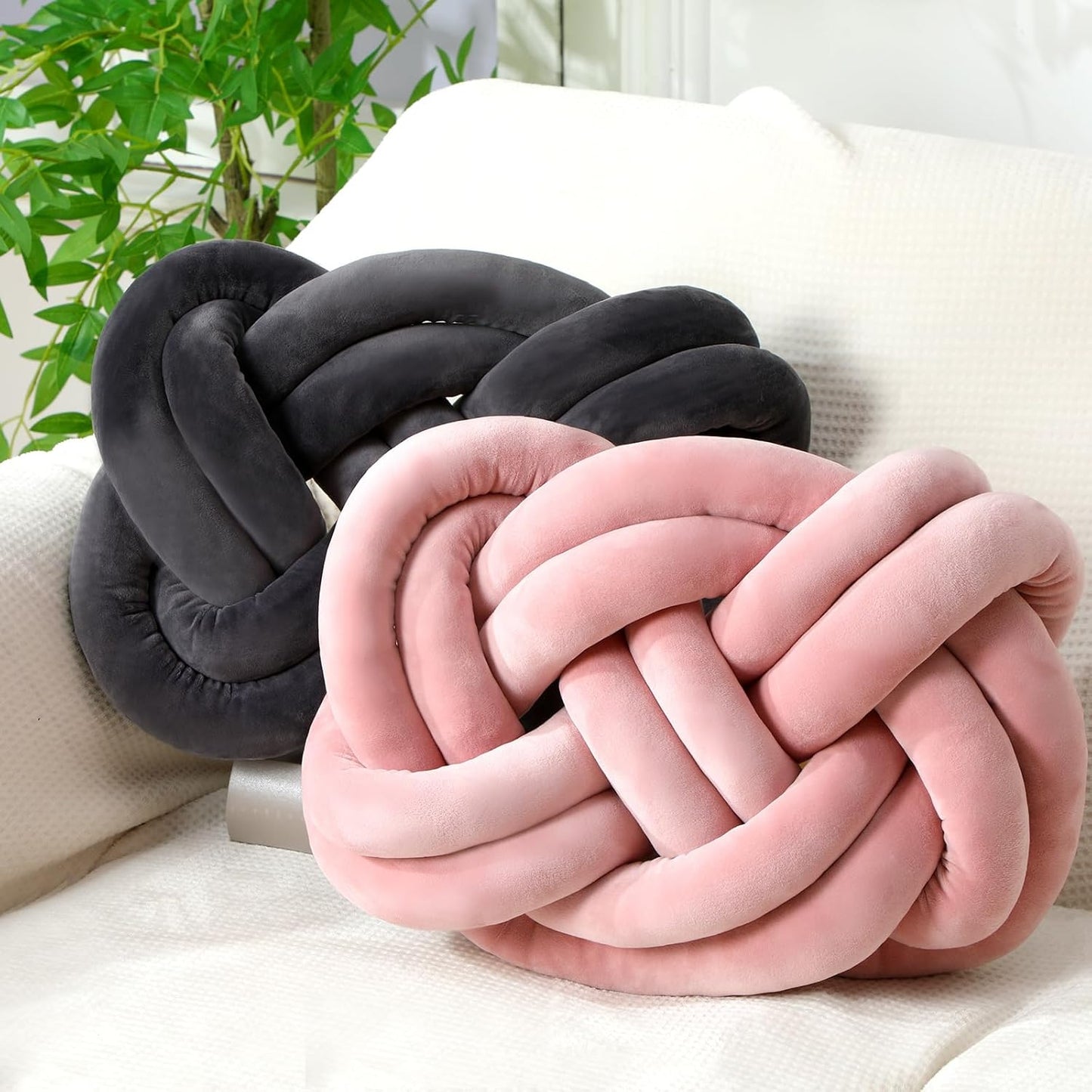 Sintuff Set of 2 Velvet Knot Pillow Ball 14 x 16 Inch Soft Decorative Knotted Throw Pillow for Christmas Thanksgiving Couch Home Sofa Bedroom Decor to Add Comfort and Style(White and Gray)