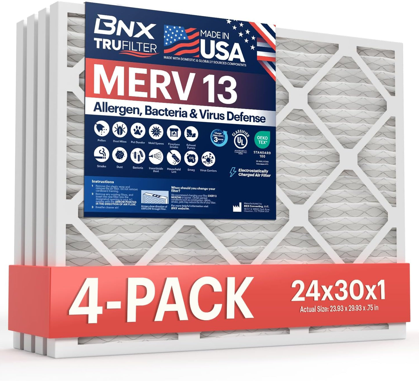 BNX TruFilter 20x20x1 MERV 13 (4-Pack) AC Furnace Air Filter - MADE IN USA - Electrostatic Pleated Air Conditioner HVAC AC Furnace Filters - Removes Pollen, Mold, Bacteria, Smoke