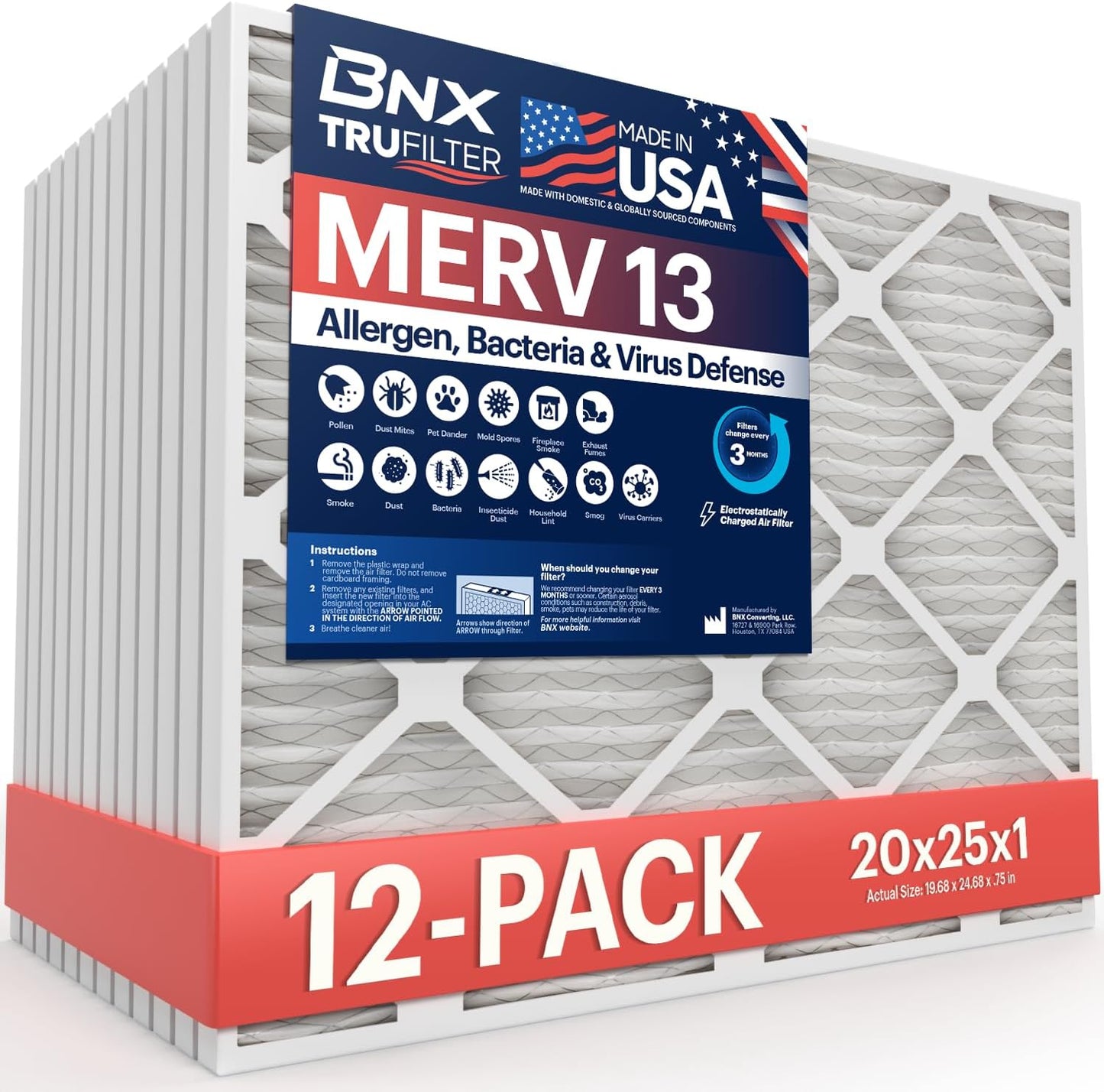 BNX TruFilter 20x20x1 MERV 13 (4-Pack) AC Furnace Air Filter - MADE IN USA - Electrostatic Pleated Air Conditioner HVAC AC Furnace Filters - Removes Pollen, Mold, Bacteria, Smoke