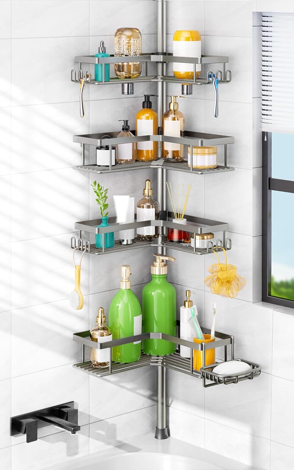 HAMITOR Shower Caddy Tension Pole: 4-Tier Corner Rustproof Bathroom Organizer with Soap Holder & Hooks - No-Drill Adjustable Shower Shelf for Renters - Family Stand Storage Rack - 47-123 Inch Black