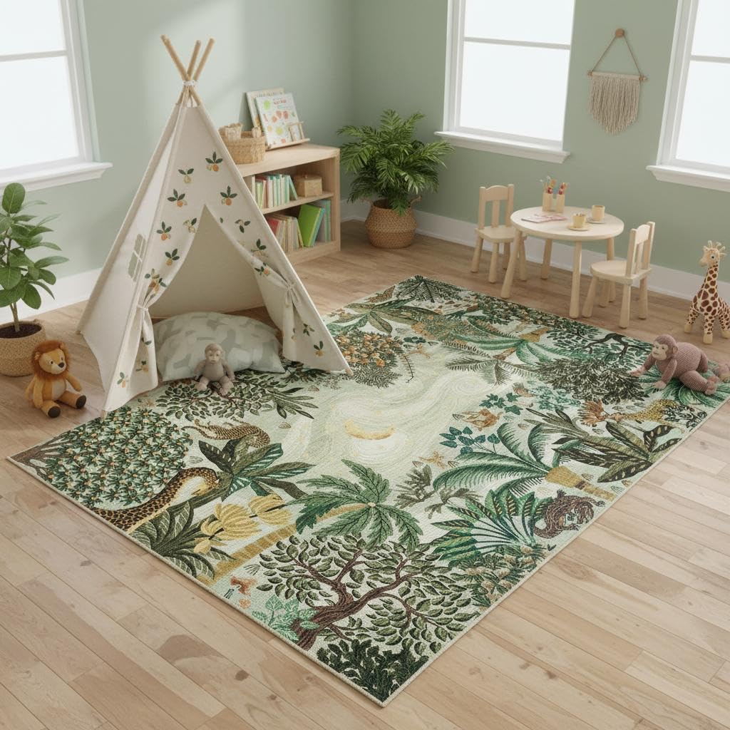 GarveeHome 4x6 Washable Area Rug for Kids Room, Jungle Animal Soft Bedroom Rug Non Slip Low Pile Small Carpet Stain Resistant Throw Rug for Bedside Playroom Classroom Office Dining Room