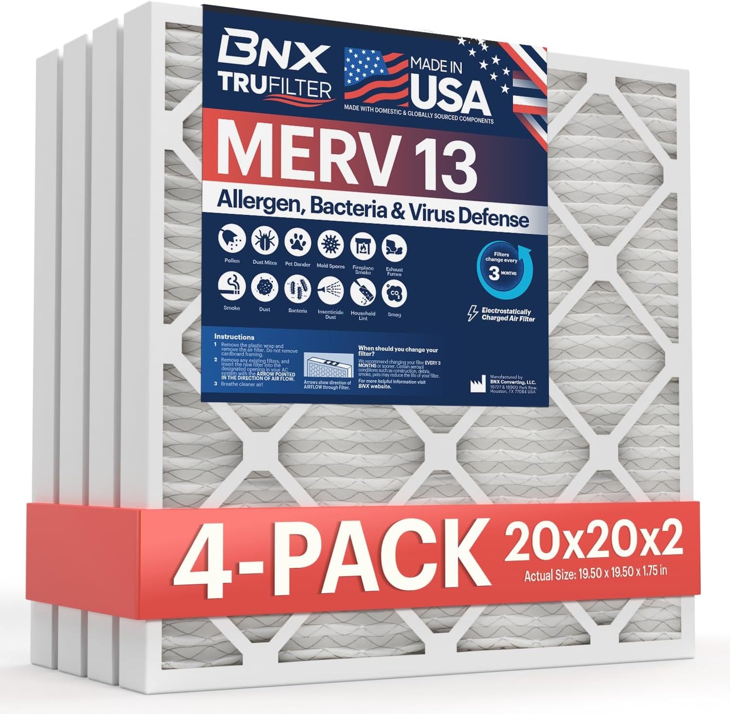 BNX TruFilter 20x20x1 MERV 13 (4-Pack) AC Furnace Air Filter - MADE IN USA - Electrostatic Pleated Air Conditioner HVAC AC Furnace Filters - Removes Pollen, Mold, Bacteria, Smoke