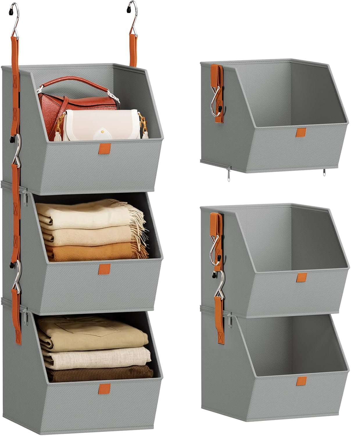Hanging Closet Organizer 4 Tier - Clothes Hanging Shelves, Space-Saving Closet System, Fabric Storage Bins Bedroom Organization, Collapsible Baskets for Home, Dorm, Rv, Beige