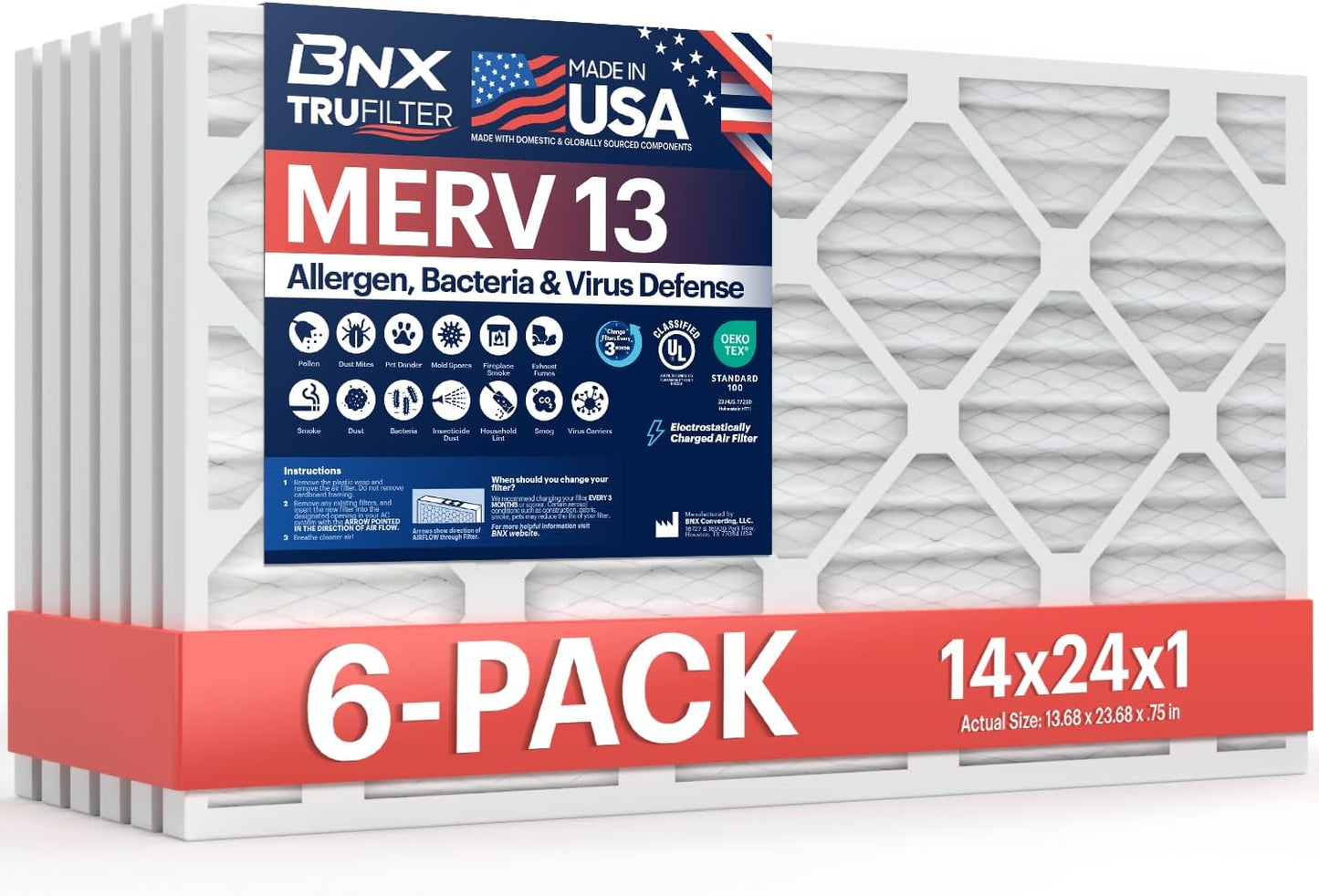 BNX TruFilter 20x20x1 MERV 13 (4-Pack) AC Furnace Air Filter - MADE IN USA - Electrostatic Pleated Air Conditioner HVAC AC Furnace Filters - Removes Pollen, Mold, Bacteria, Smoke