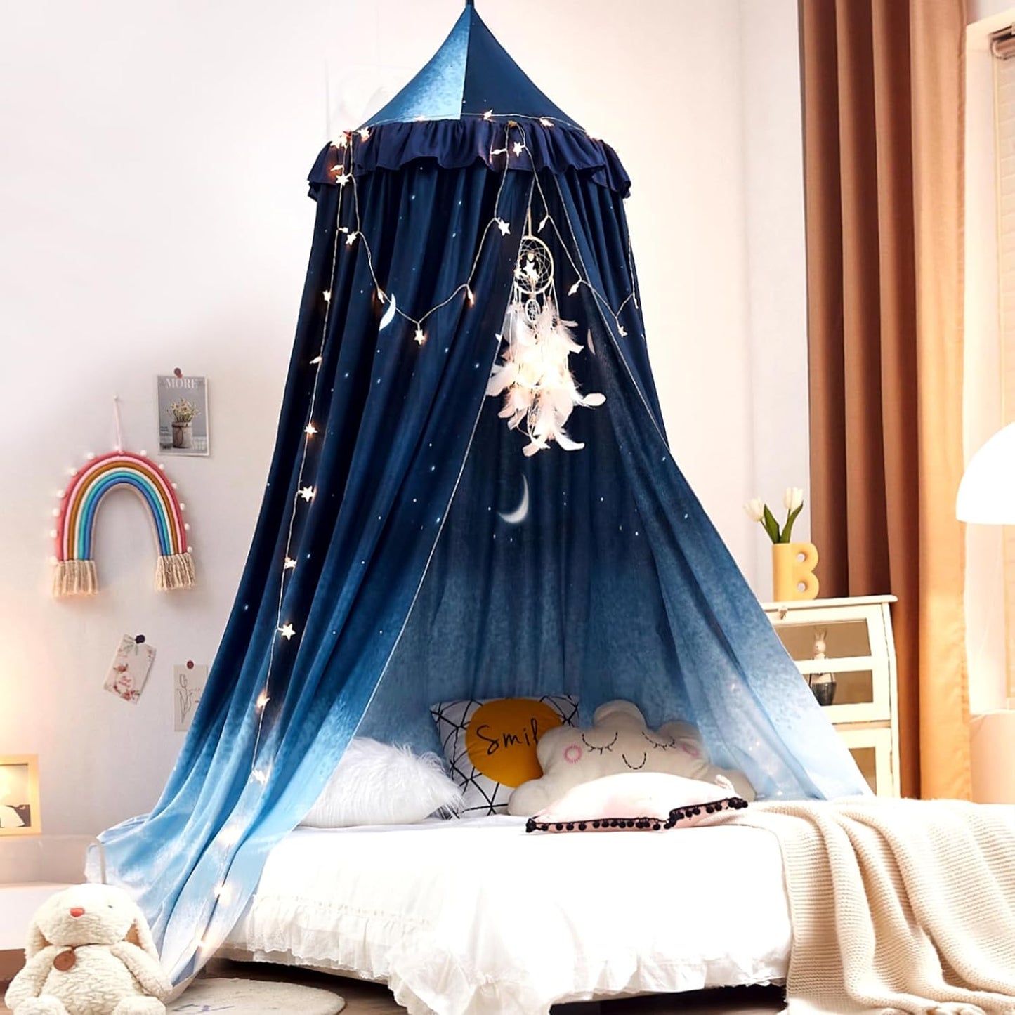 Kertnic Decor Canopy for Kids Bed, Soft Smooth Playing Tent Canopy Girls Room Decoration Princess Castle, Dreamy Mosquito Net Bedding, Children Reading Nook Canopies in Home (Pink-Ruffle)