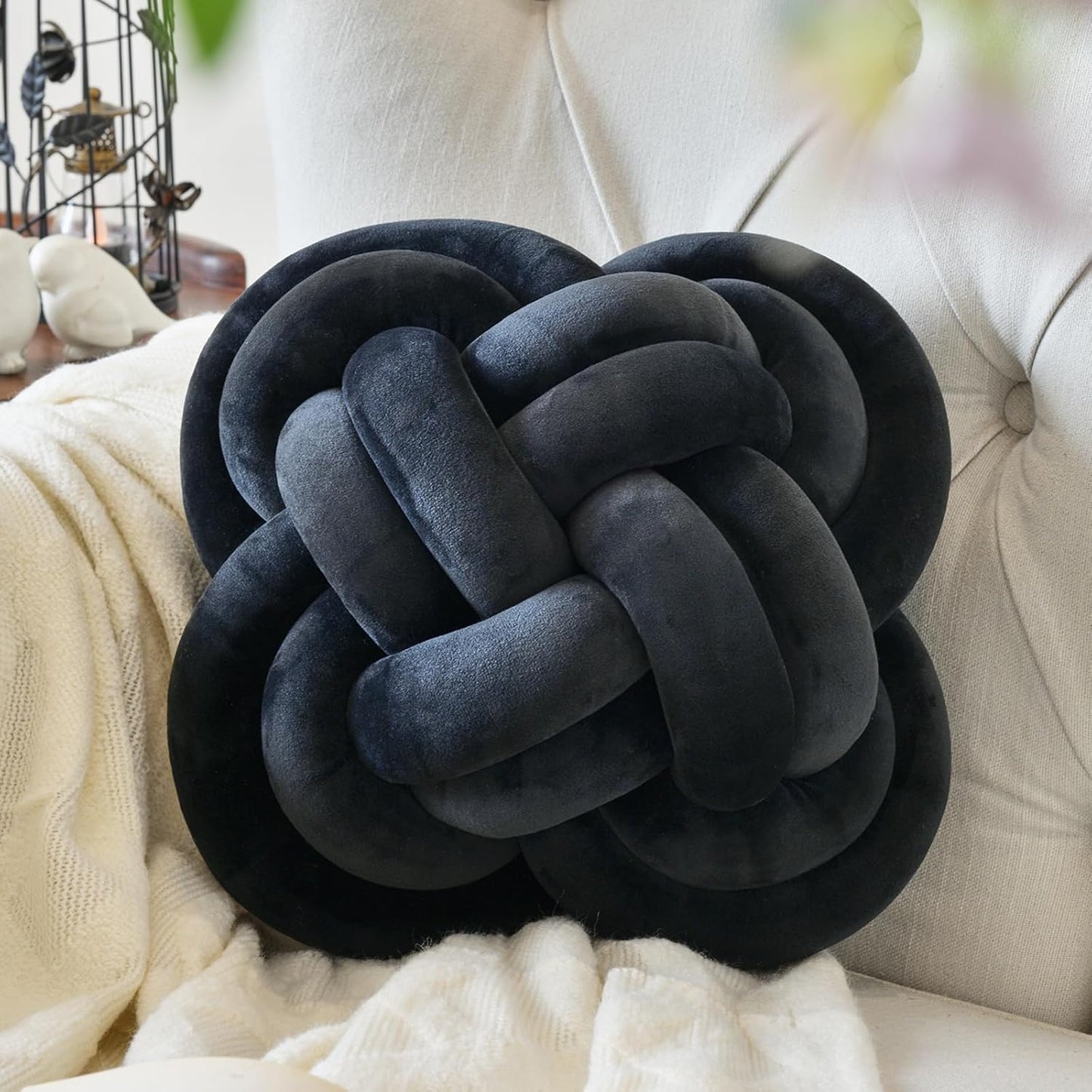 Xuyier Knot Pillow Ball, Decorative Throw Pillows with Velvet Fabric for Couch Bed, 12" Decor Knotted Square Floor Pillow Cushions for Living Room (12 Inches, Beige)
