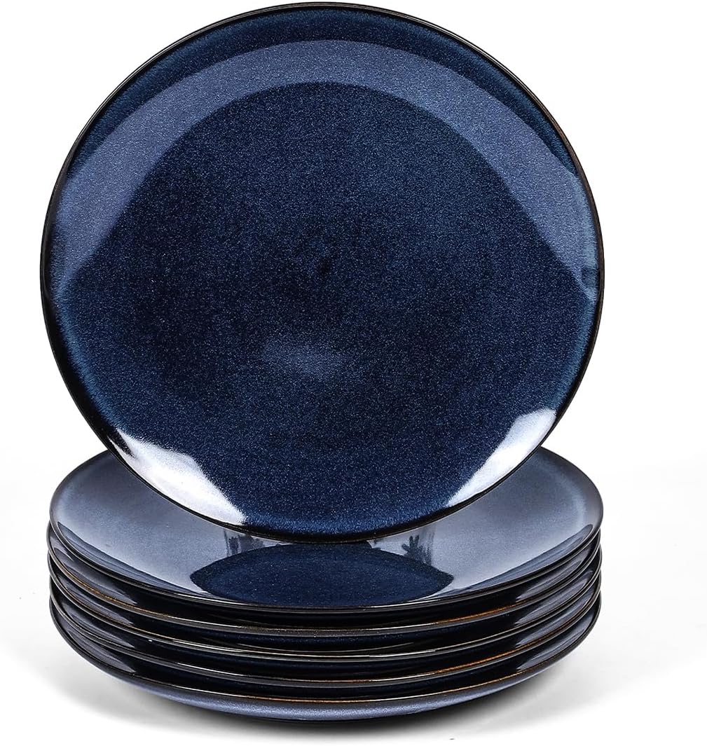 vicrays Ceramic Dessert Salad Plates, 8 Inch, Set of 6, Round, Microwave, Oven, and Dishwasher Safe, Scratch Resistant, Porcelain Fluted Suitable for Snacks, Appetizer, Home, Restaurant (Blue)