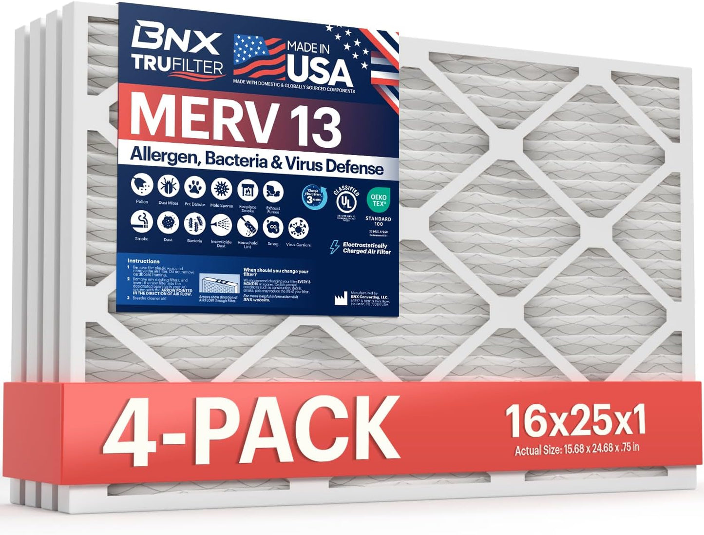 BNX TruFilter 20x20x1 MERV 13 (4-Pack) AC Furnace Air Filter - MADE IN USA - Electrostatic Pleated Air Conditioner HVAC AC Furnace Filters - Removes Pollen, Mold, Bacteria, Smoke