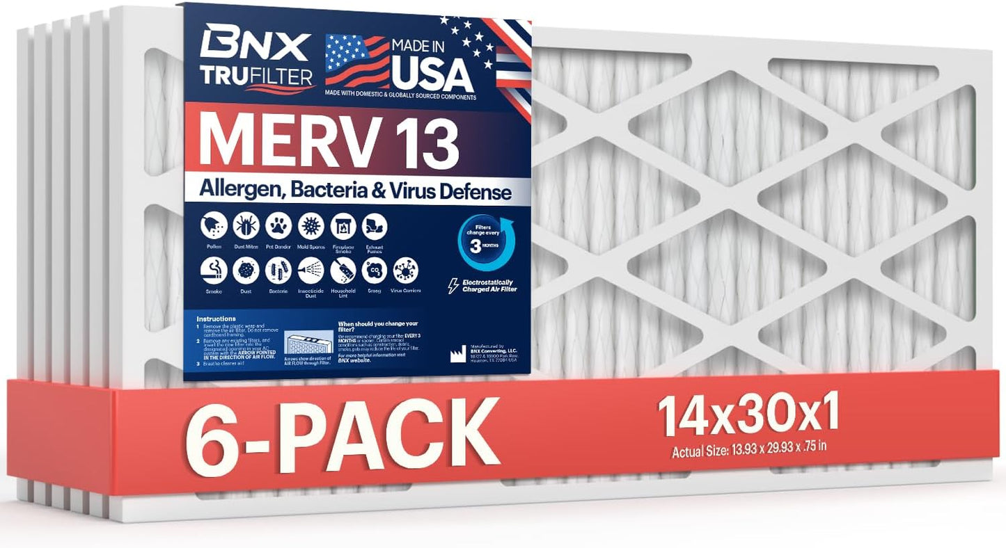 BNX TruFilter 20x20x1 MERV 13 (4-Pack) AC Furnace Air Filter - MADE IN USA - Electrostatic Pleated Air Conditioner HVAC AC Furnace Filters - Removes Pollen, Mold, Bacteria, Smoke