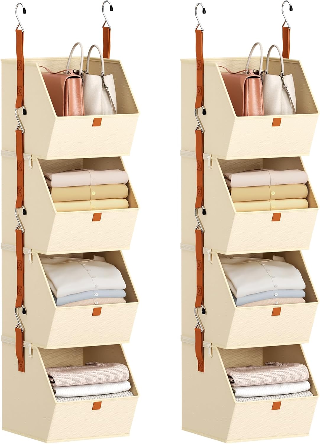 Hanging Closet Organizer 4 Tier - Clothes Hanging Shelves, Space-Saving Closet System, Fabric Storage Bins Bedroom Organization, Collapsible Baskets for Home, Dorm, Rv, Beige