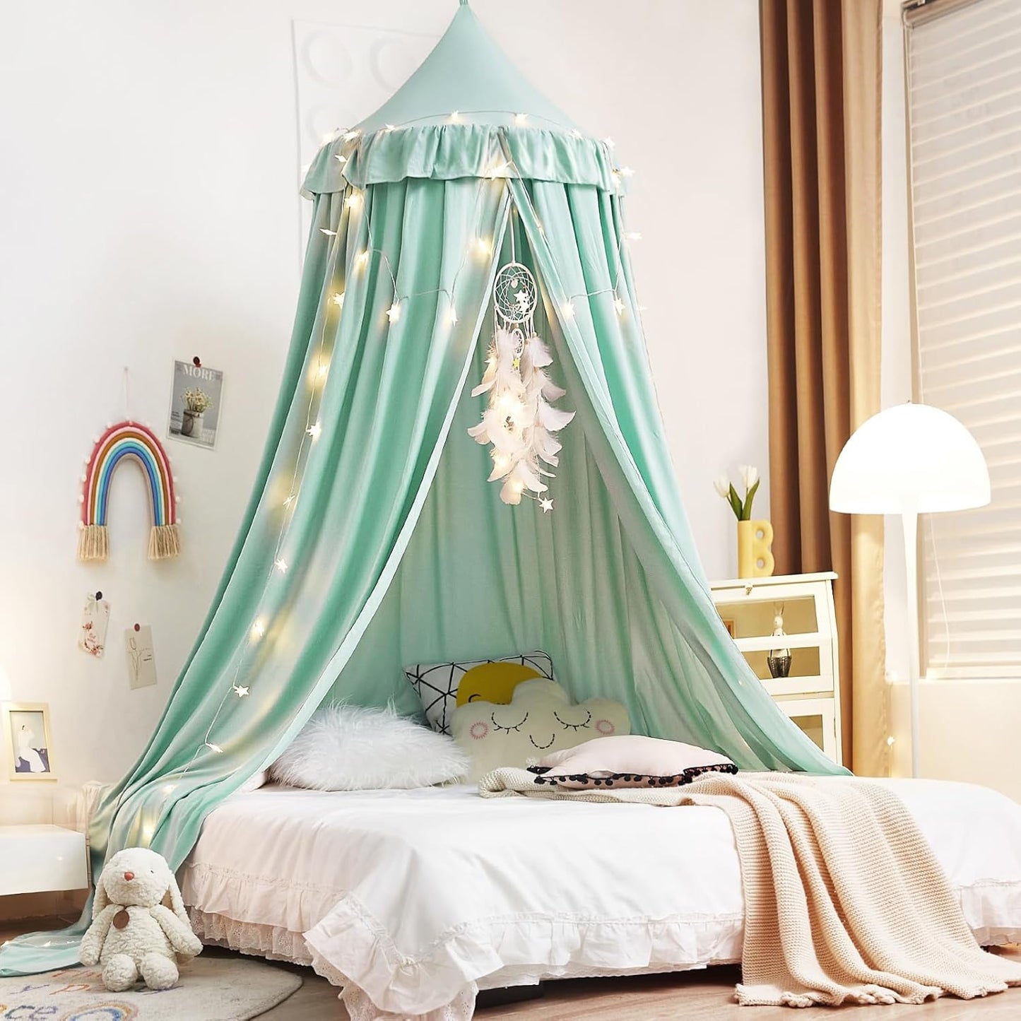 Kertnic Decor Canopy for Kids Bed, Soft Smooth Playing Tent Canopy Girls Room Decoration Princess Castle, Dreamy Mosquito Net Bedding, Children Reading Nook Canopies in Home (Pink-Ruffle)