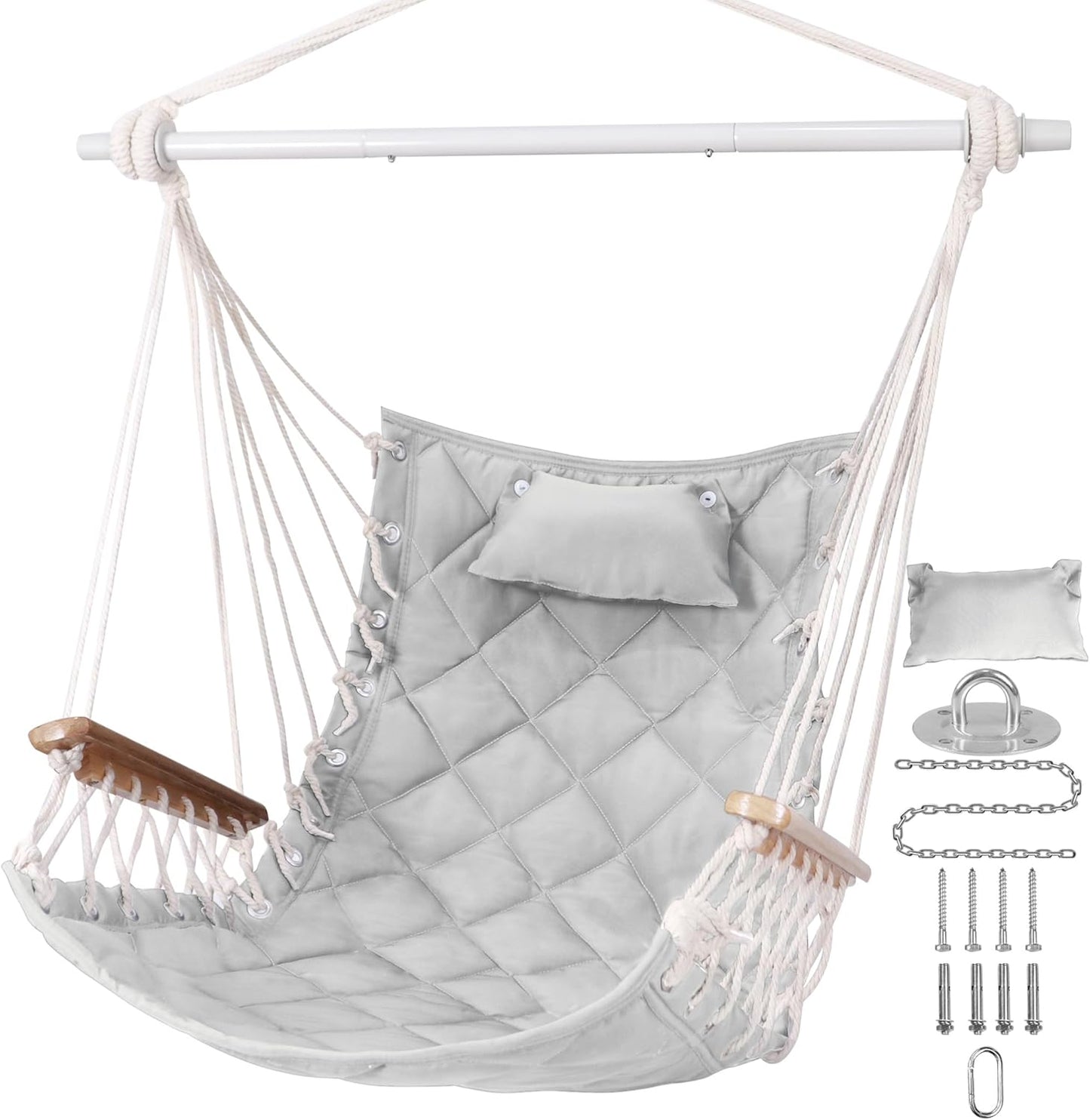 Hammock Chair Hanging Swing with Wooden Armrest;Steel Spreader Bar,Pillows,Hardware kit Included;Cotton Woven Fabric;Up to 350 Lbs,for Indoor or Outdoor